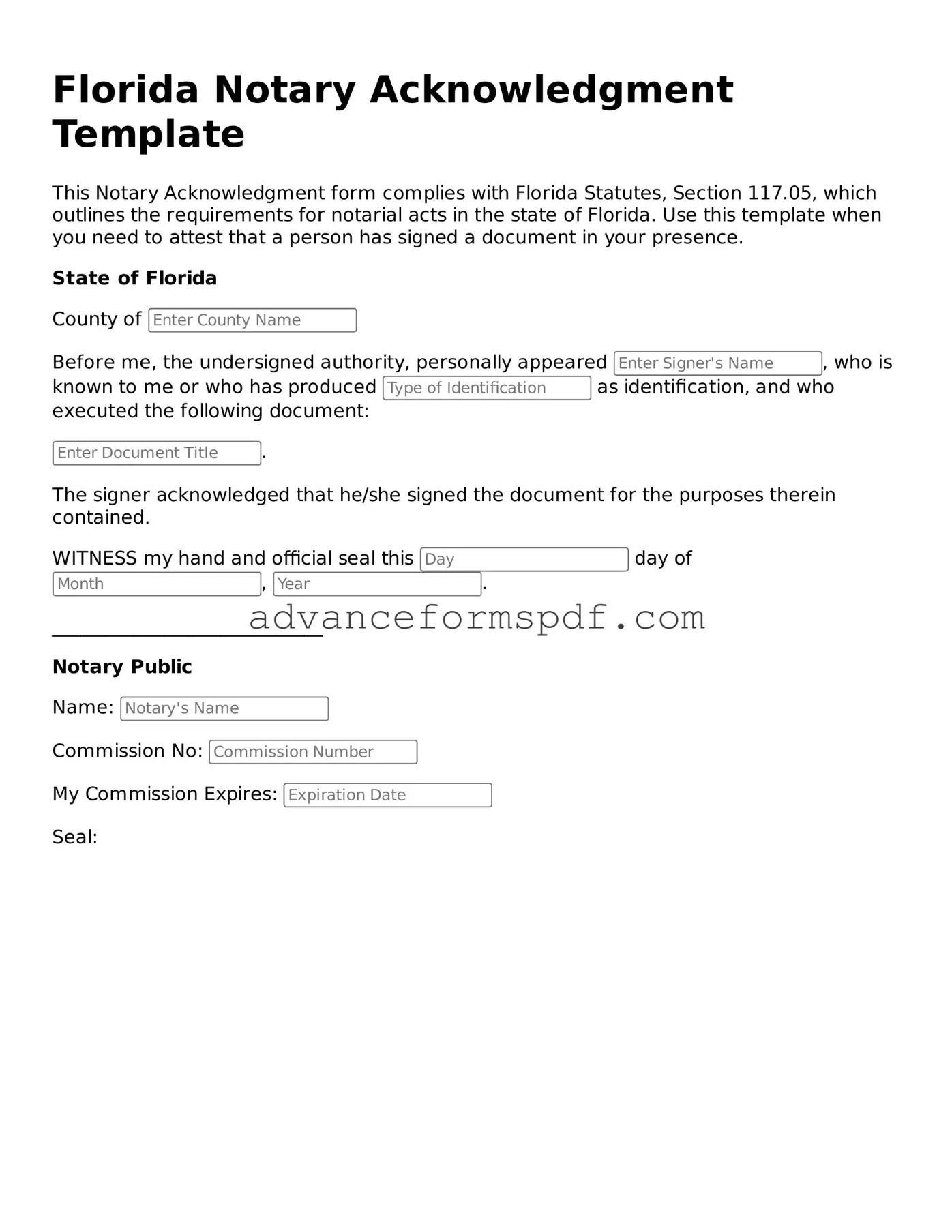 Valid Notary Acknowledgement Form for the State of Florida