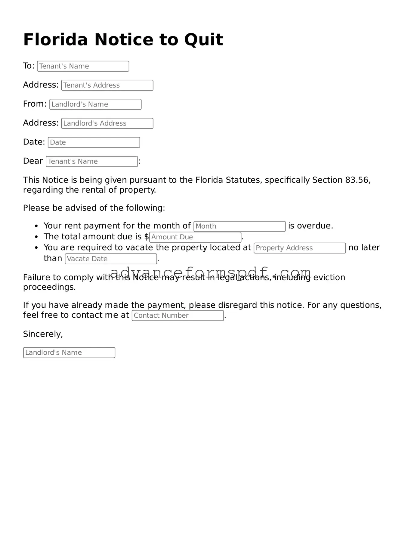 Valid Notice to Quit Form for the State of Florida
