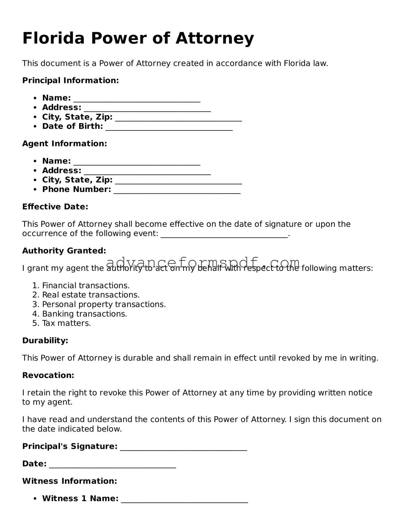 Valid Power of Attorney Form for the State of Florida