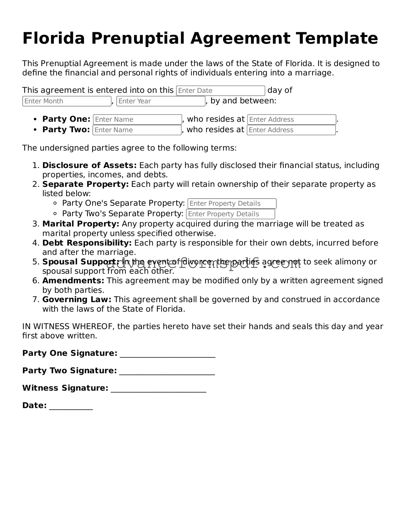 Valid Prenuptial Agreement Form for the State of Florida
