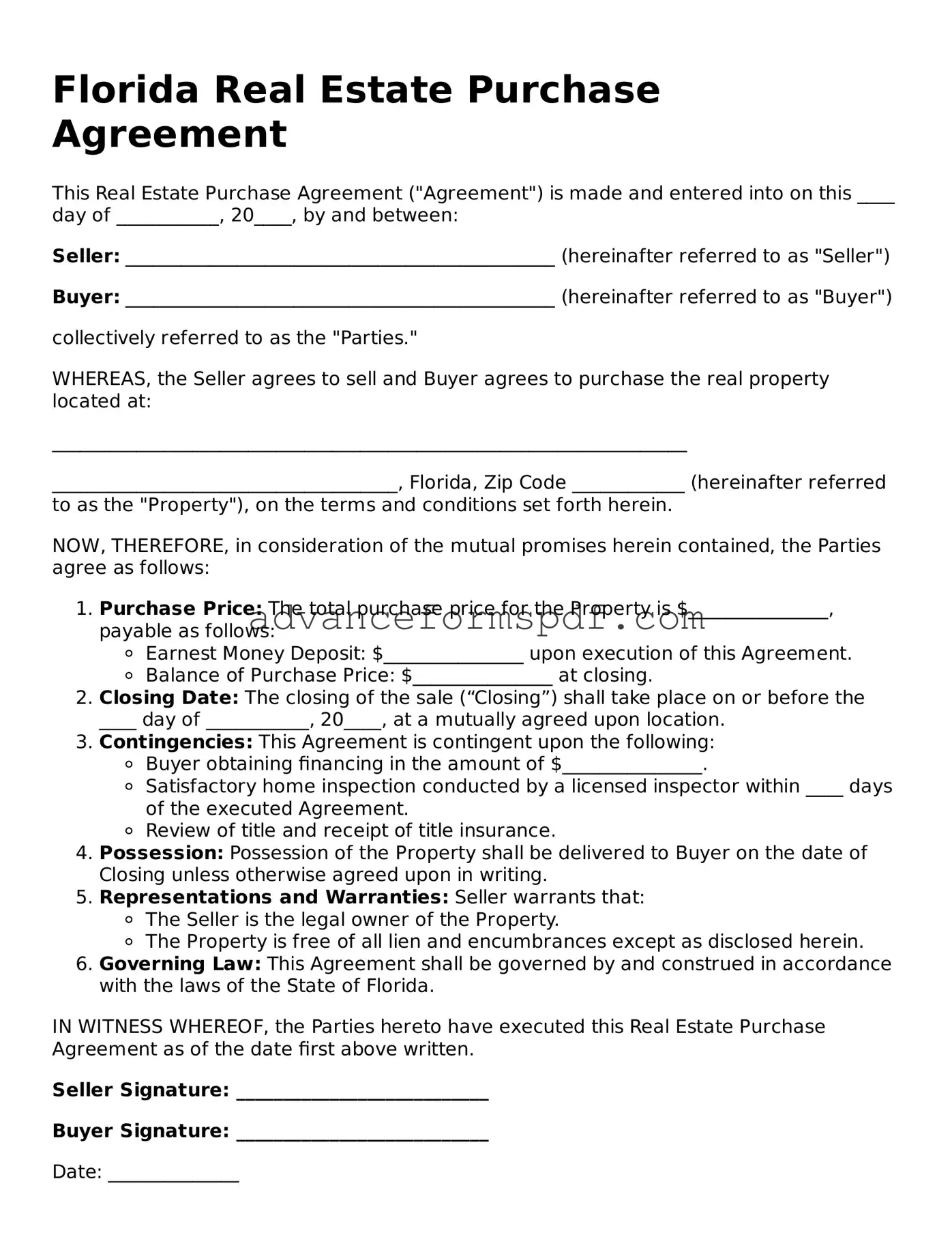 Valid Real Estate Purchase Agreement Form for the State of Florida