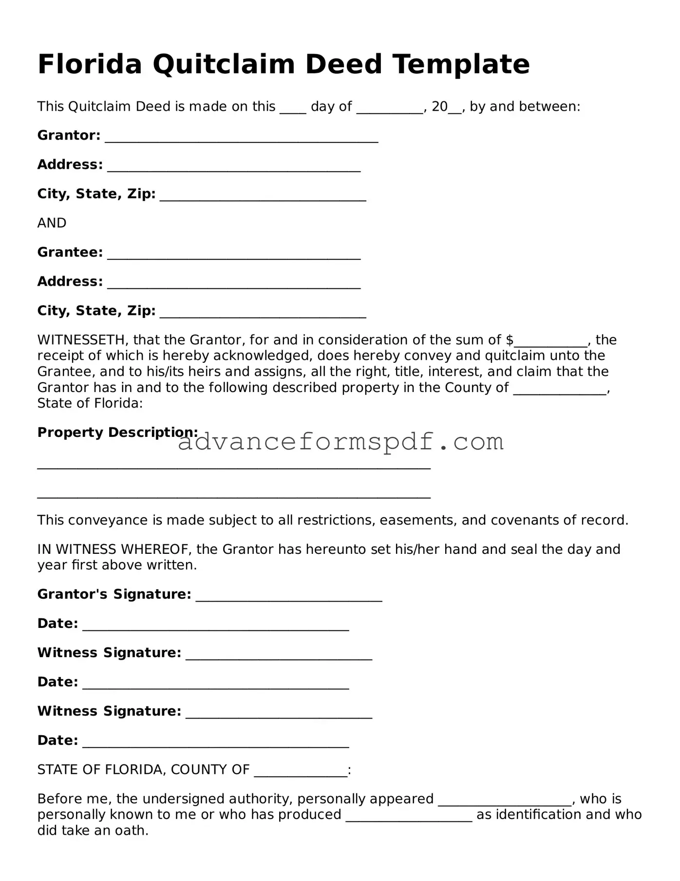 Valid Quitclaim Deed Form for the State of Florida