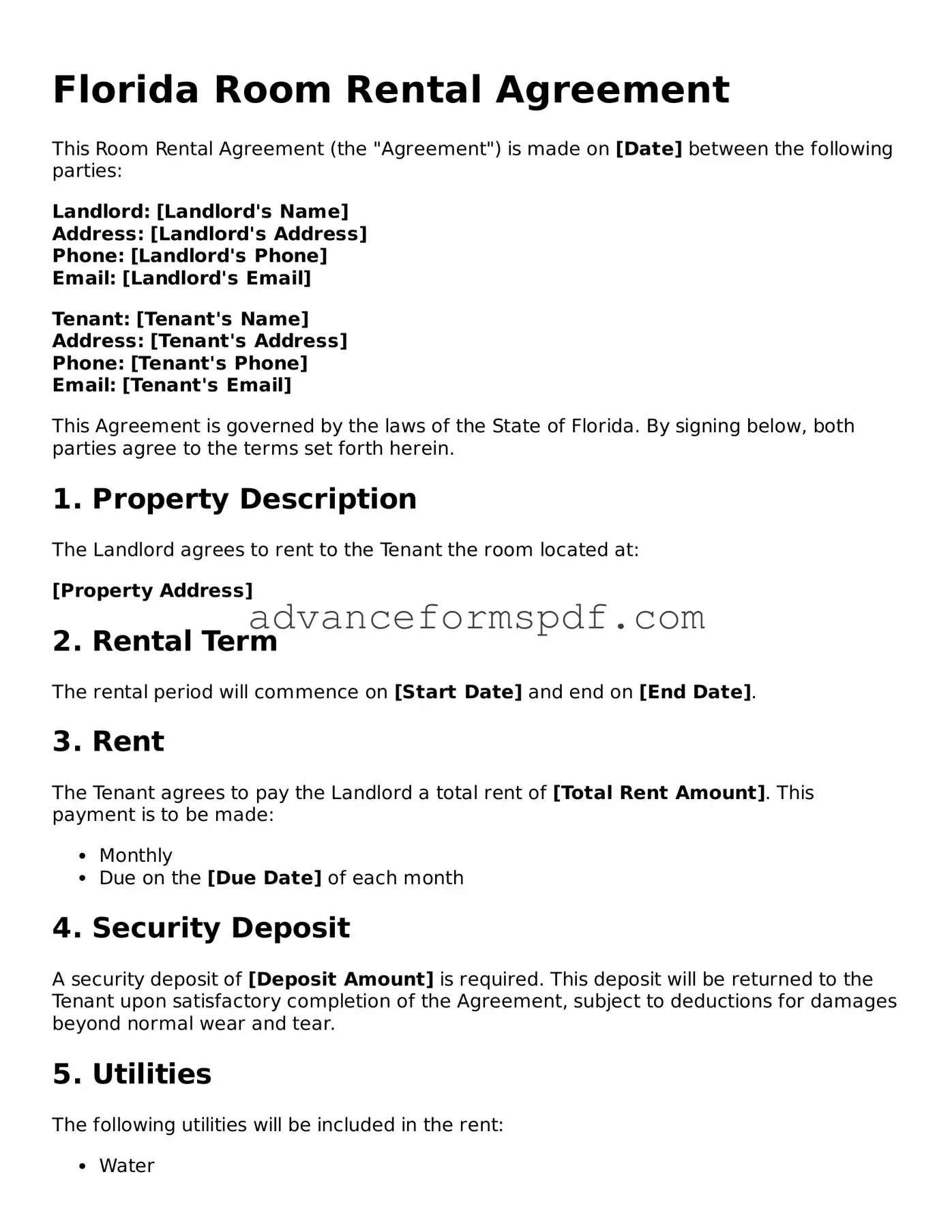 Valid Room Rental Agreement Form for the State of Florida