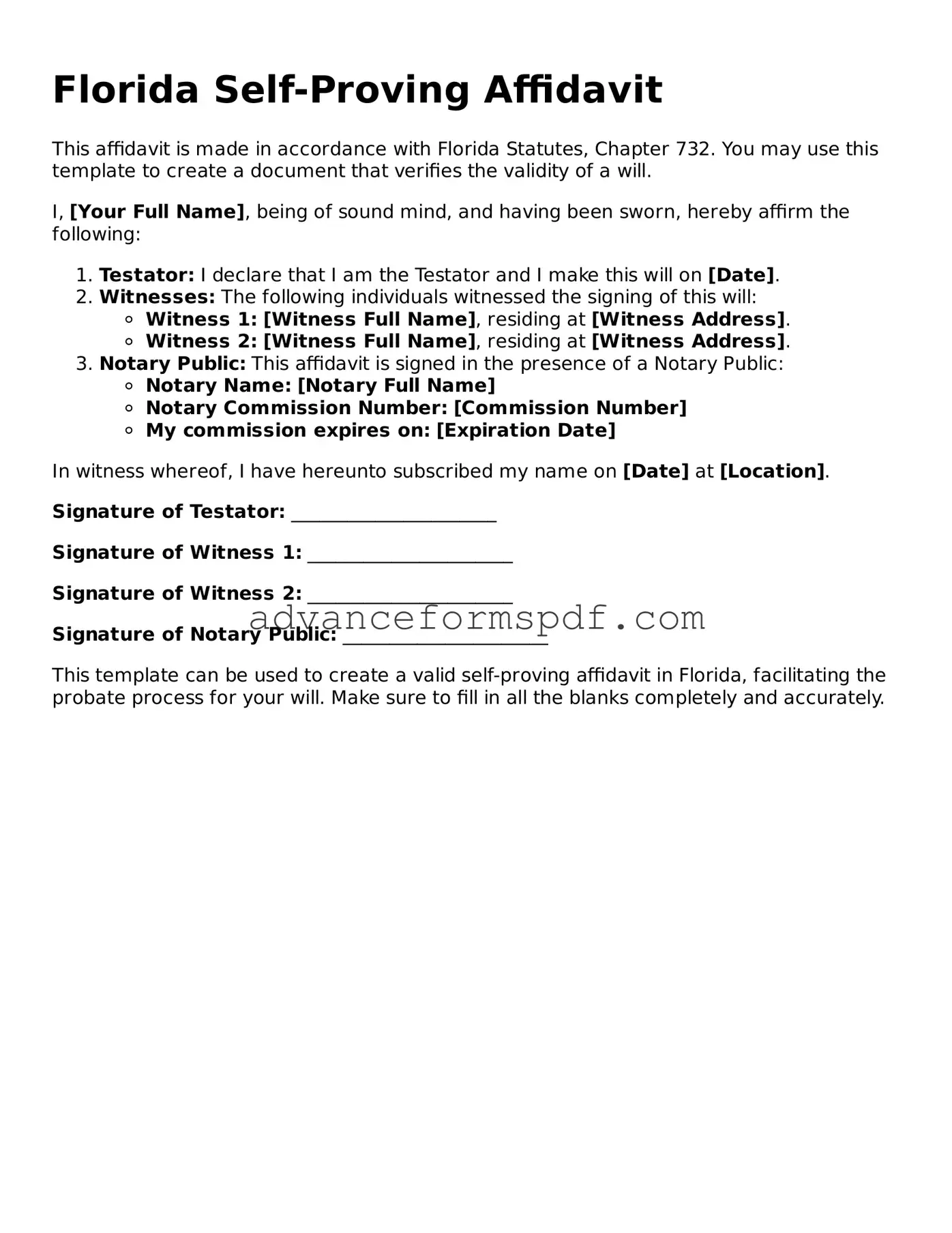 Valid Self-Proving Affidavit Form for the State of Florida
