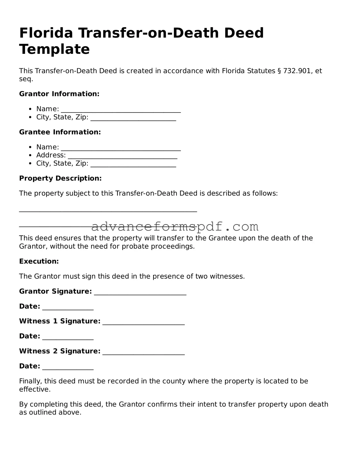 Valid Transfer-on-Death Deed Form for the State of Florida