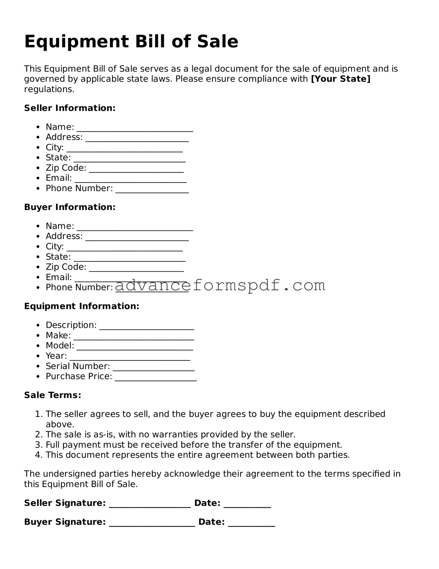 Free Equipment Bill of Sale Document
