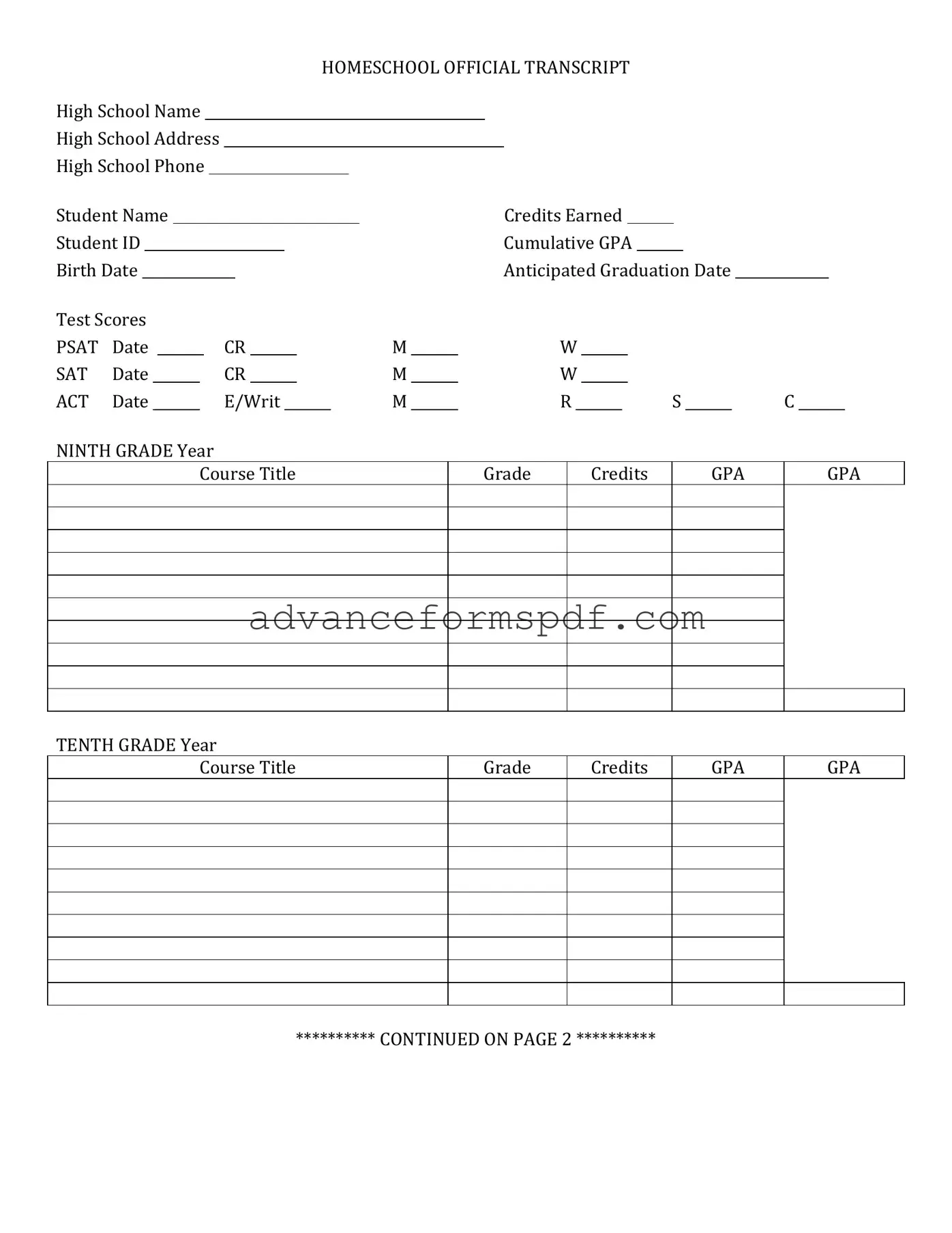 Download High School Transcript Form in PDF