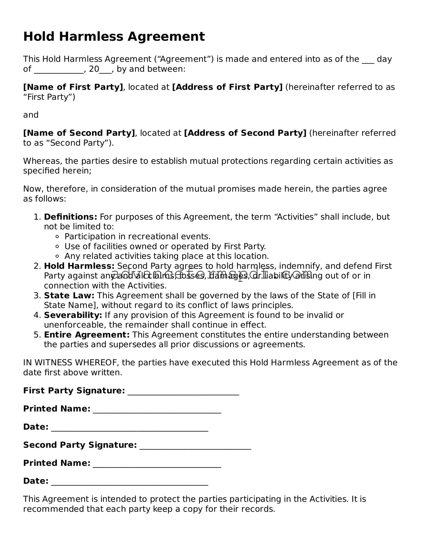 Free Hold Harmless Agreement Document