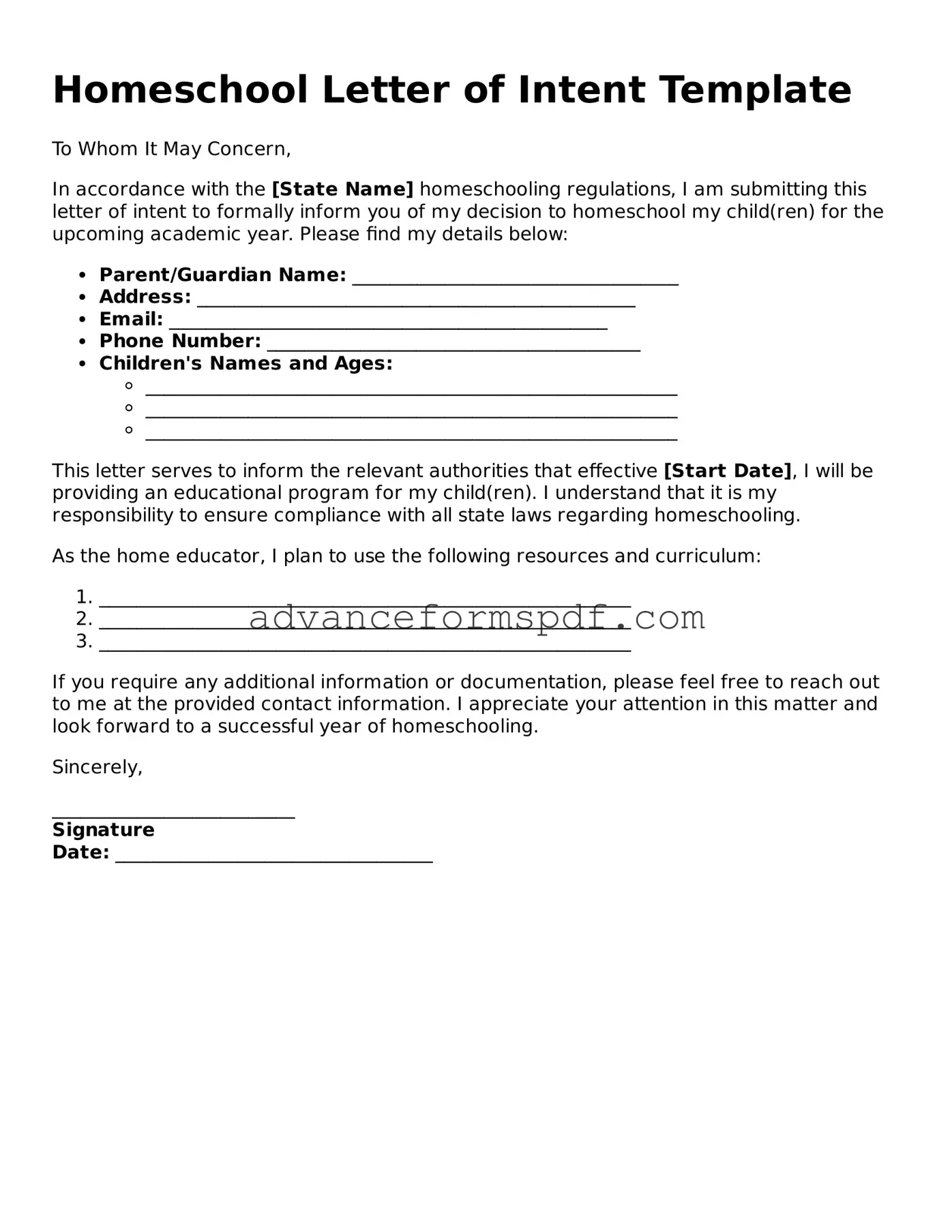 Free Homeschool Letter of Intent Document