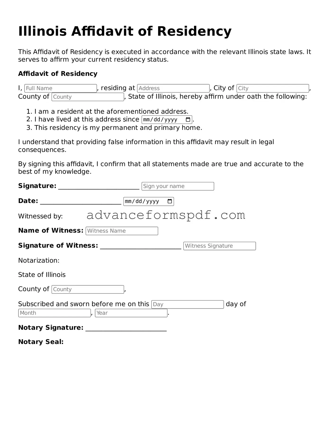 Valid Affidavit of Residency Form for the State of Illinois