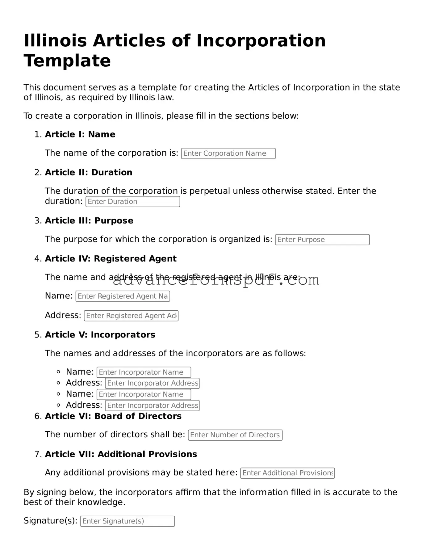 Valid Articles of Incorporation Form for the State of Illinois