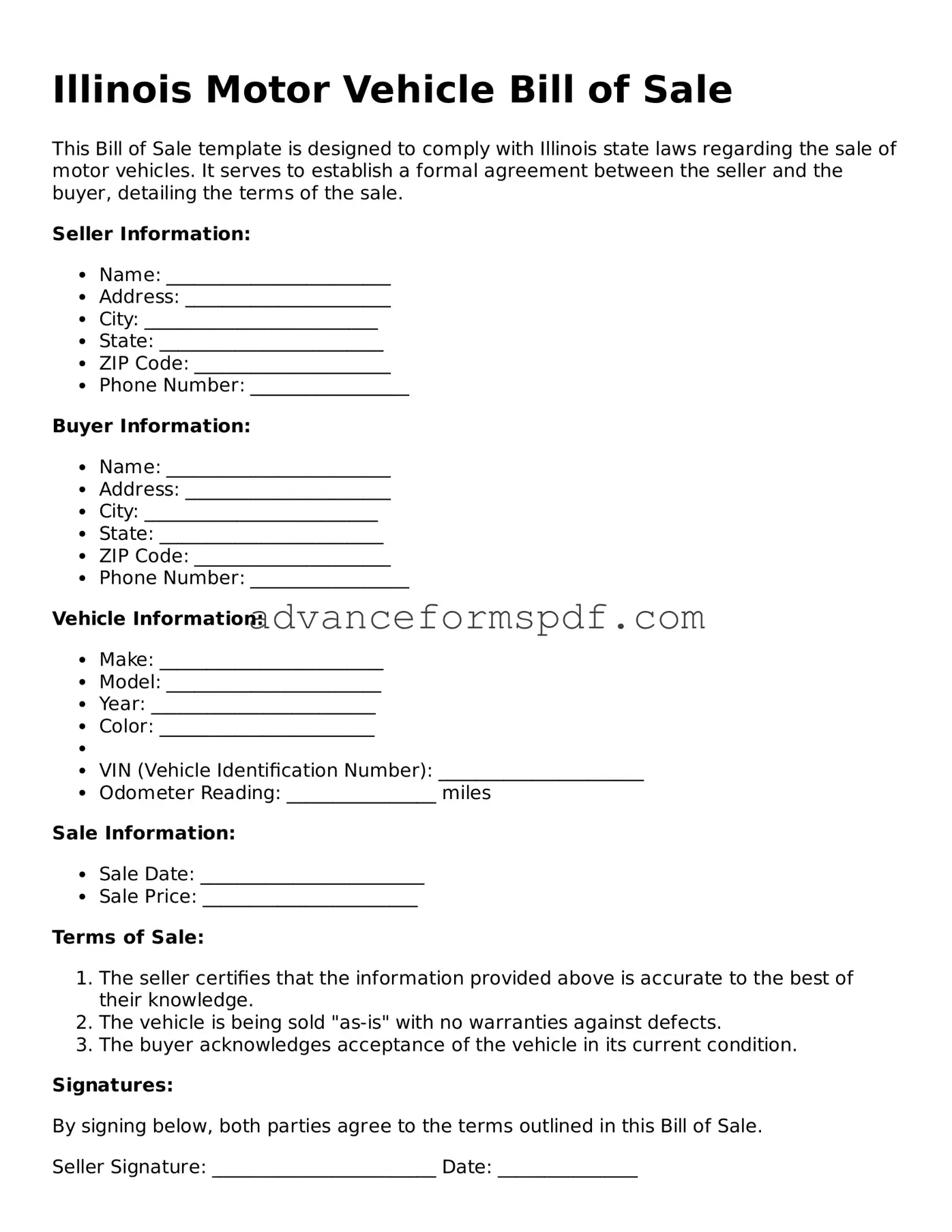 Valid Motor Vehicle Bill of Sale Form for the State of Illinois