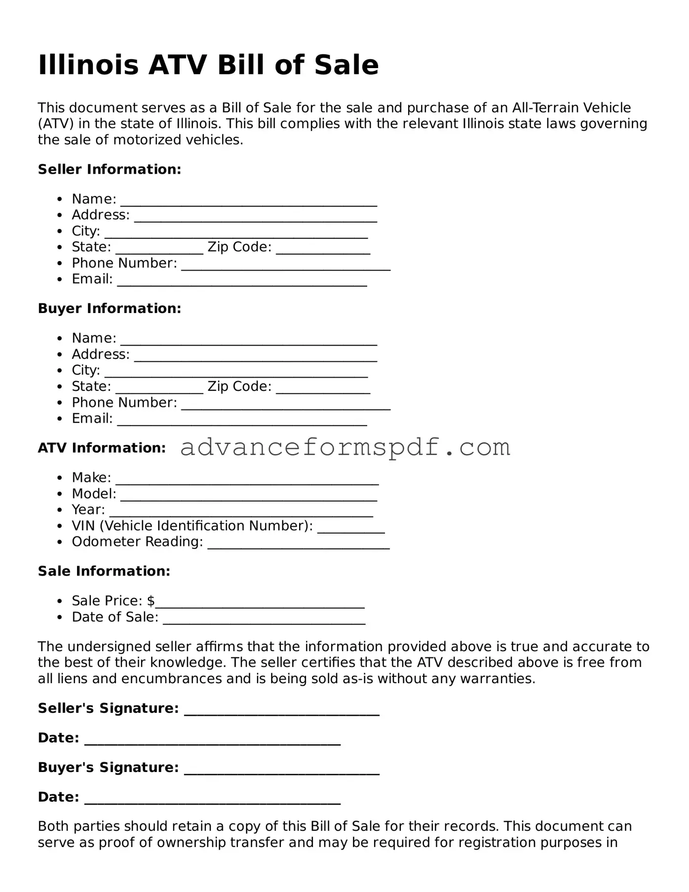 Valid ATV Bill of Sale Form for the State of Illinois