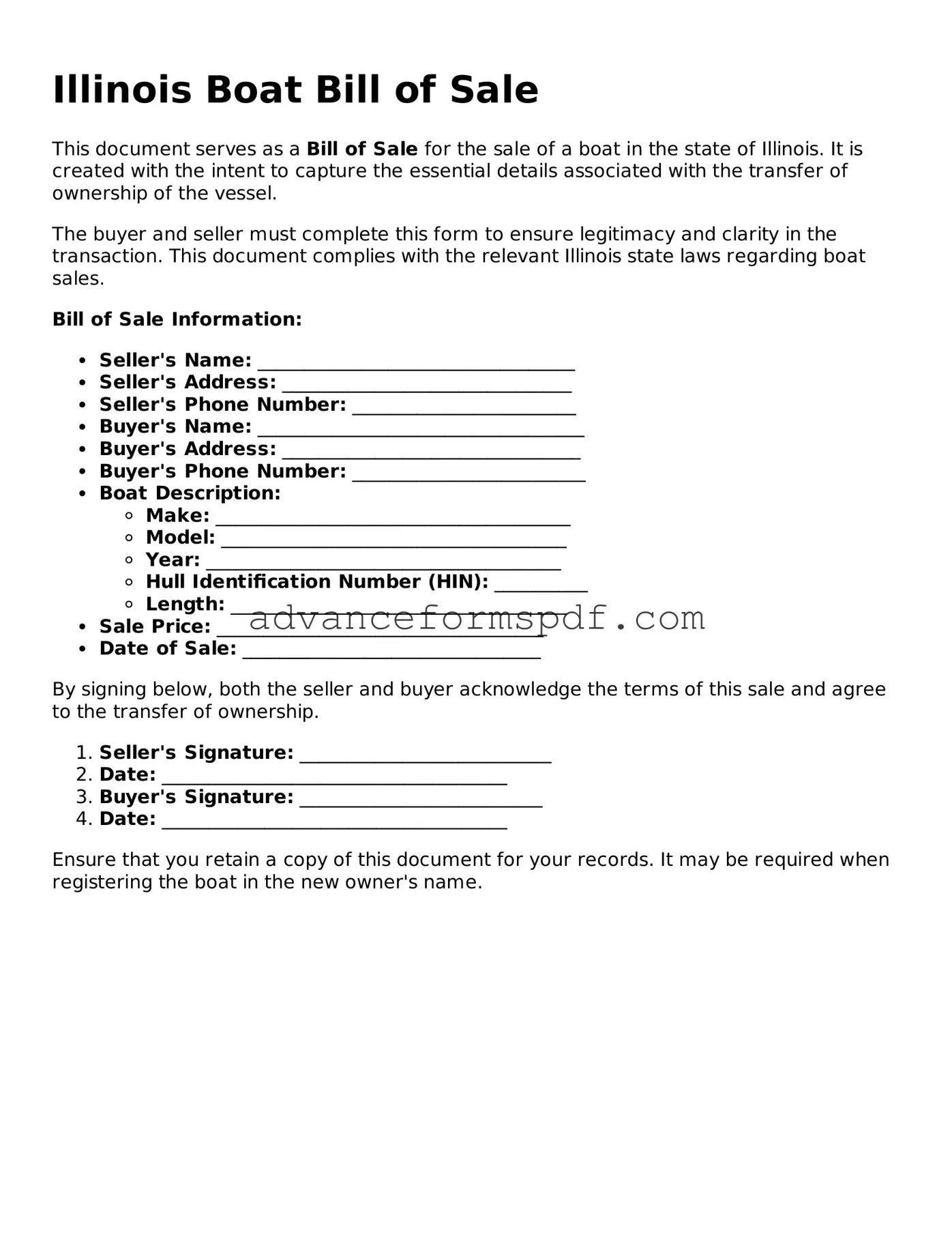Valid Boat Bill of Sale Form for the State of Illinois
