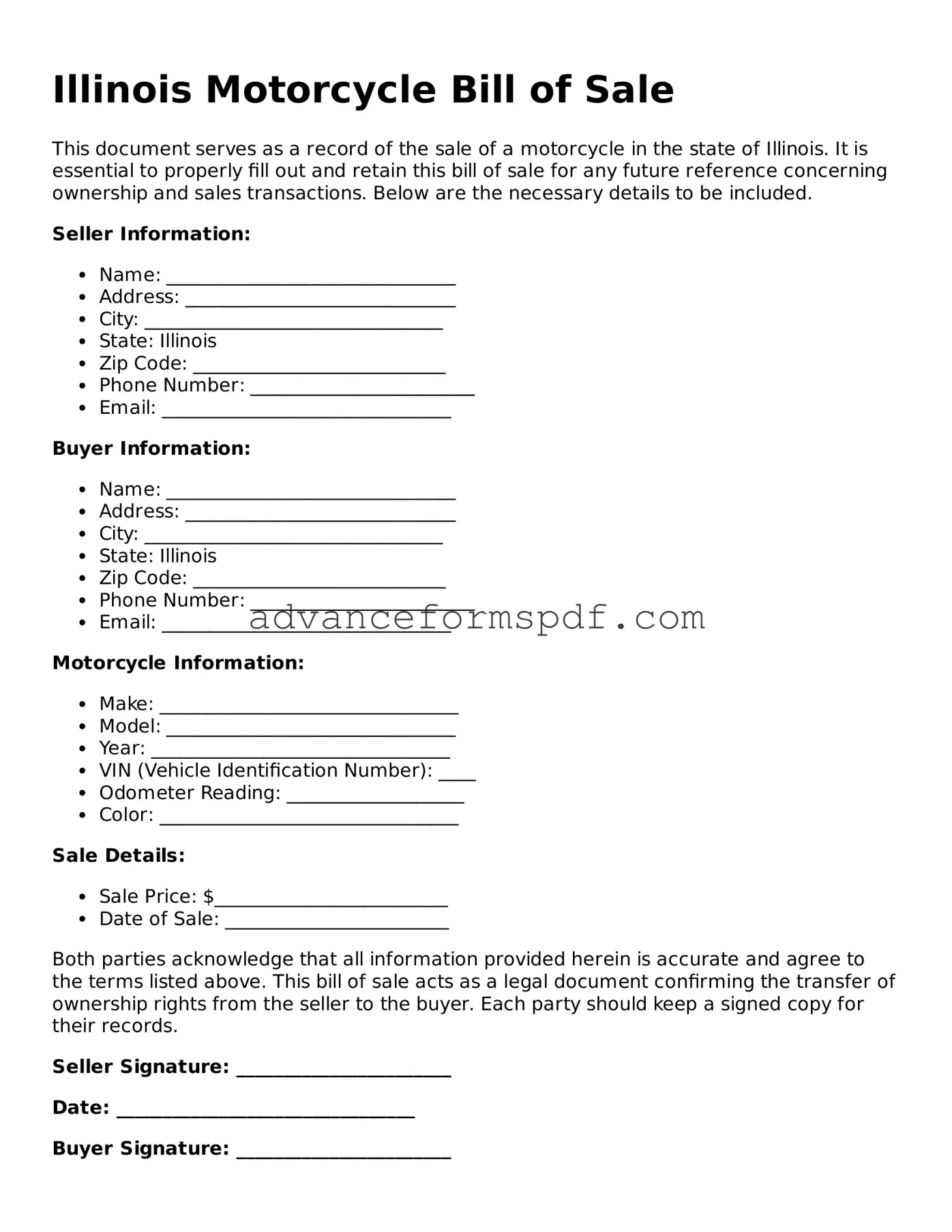 Valid Motorcycle Bill of Sale Form for the State of Illinois