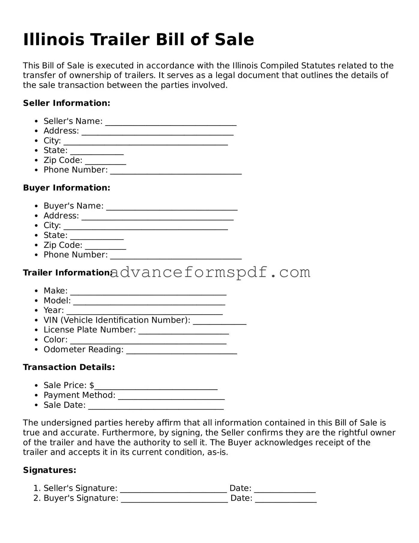 Valid Trailer Bill of Sale Form for the State of Illinois