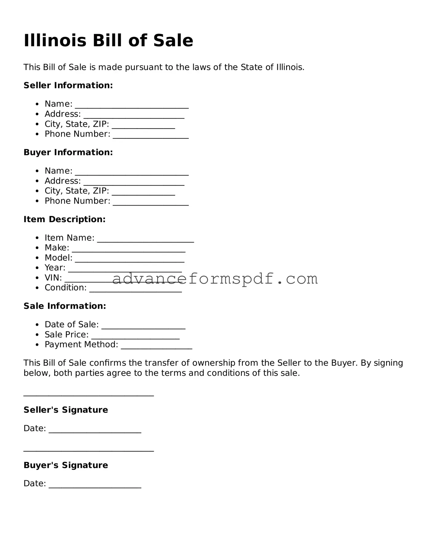 Valid Bill of Sale Form for the State of Illinois