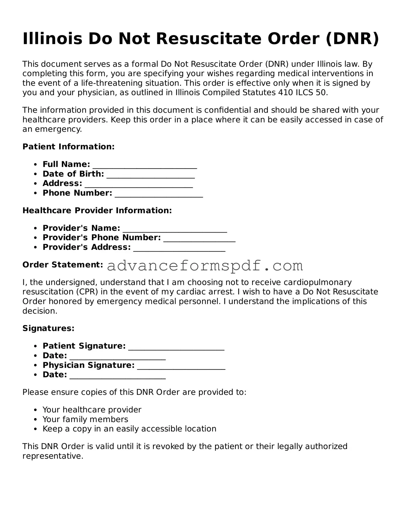 Valid Do Not Resuscitate Order Form for the State of Illinois