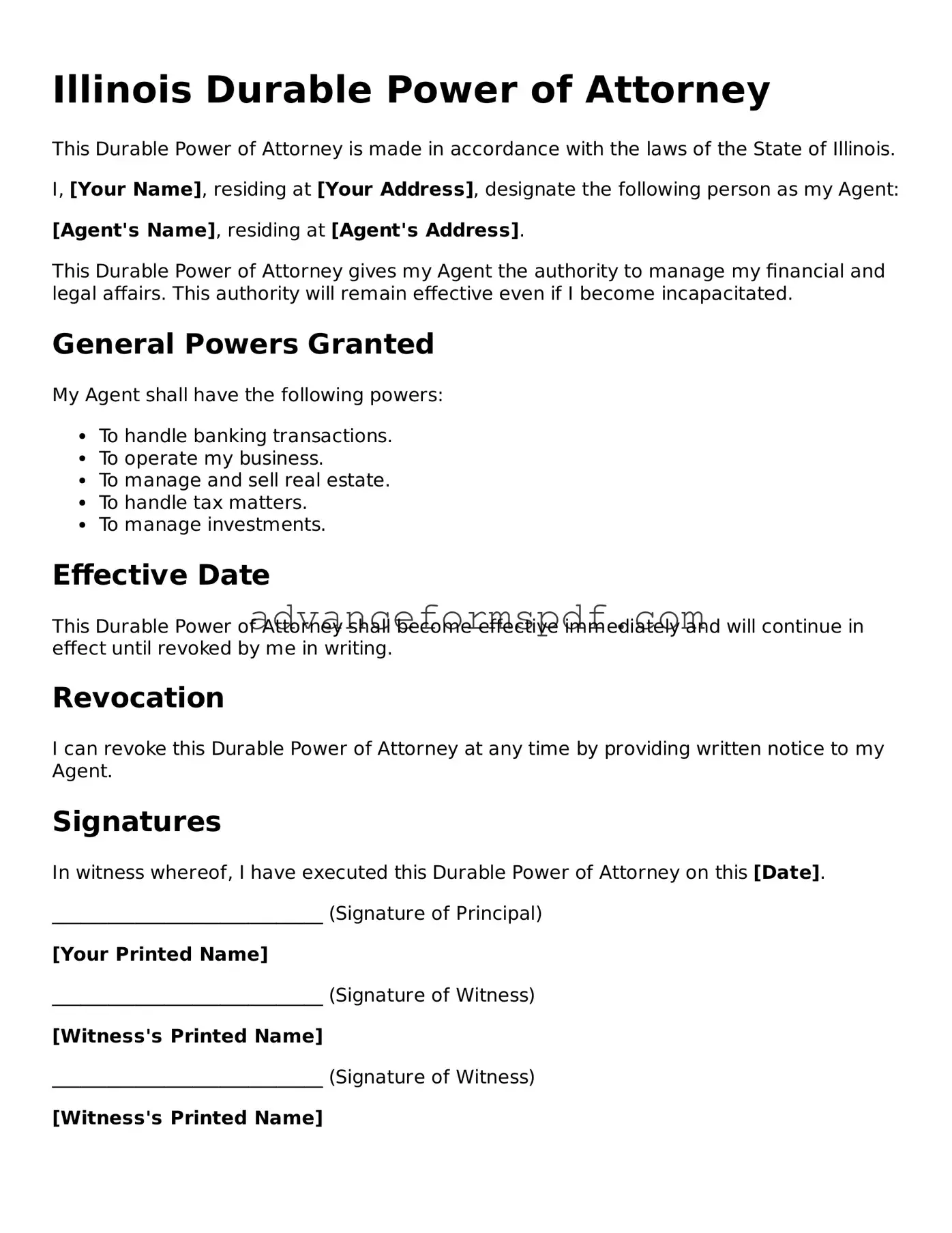 Valid Durable Power of Attorney Form for the State of Illinois