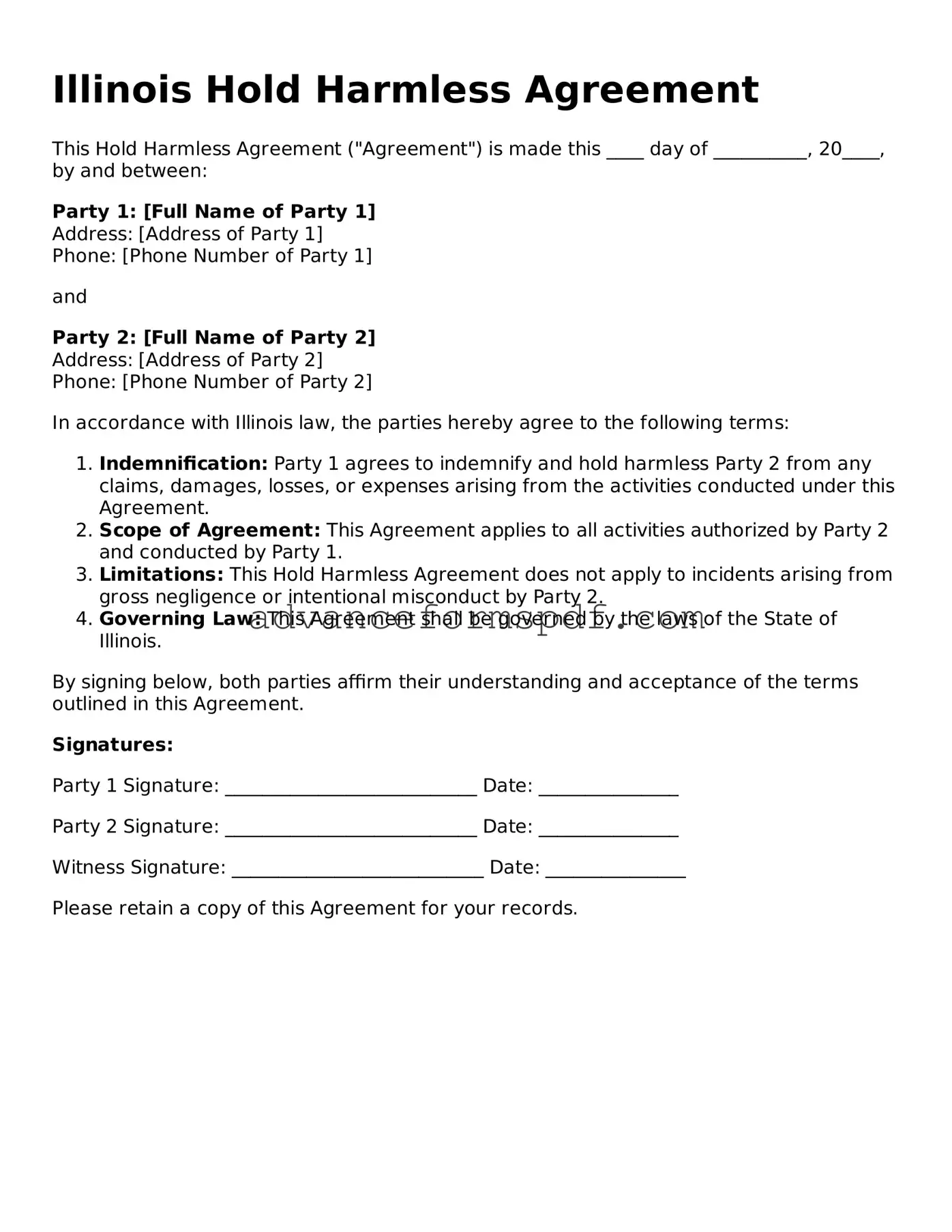 Valid Hold Harmless Agreement Form for the State of Illinois