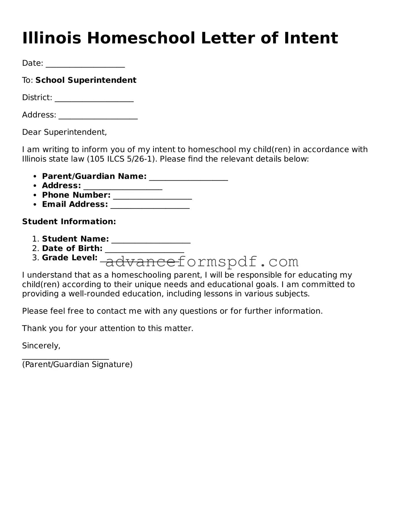 Valid Homeschool Letter of Intent Form for the State of Illinois