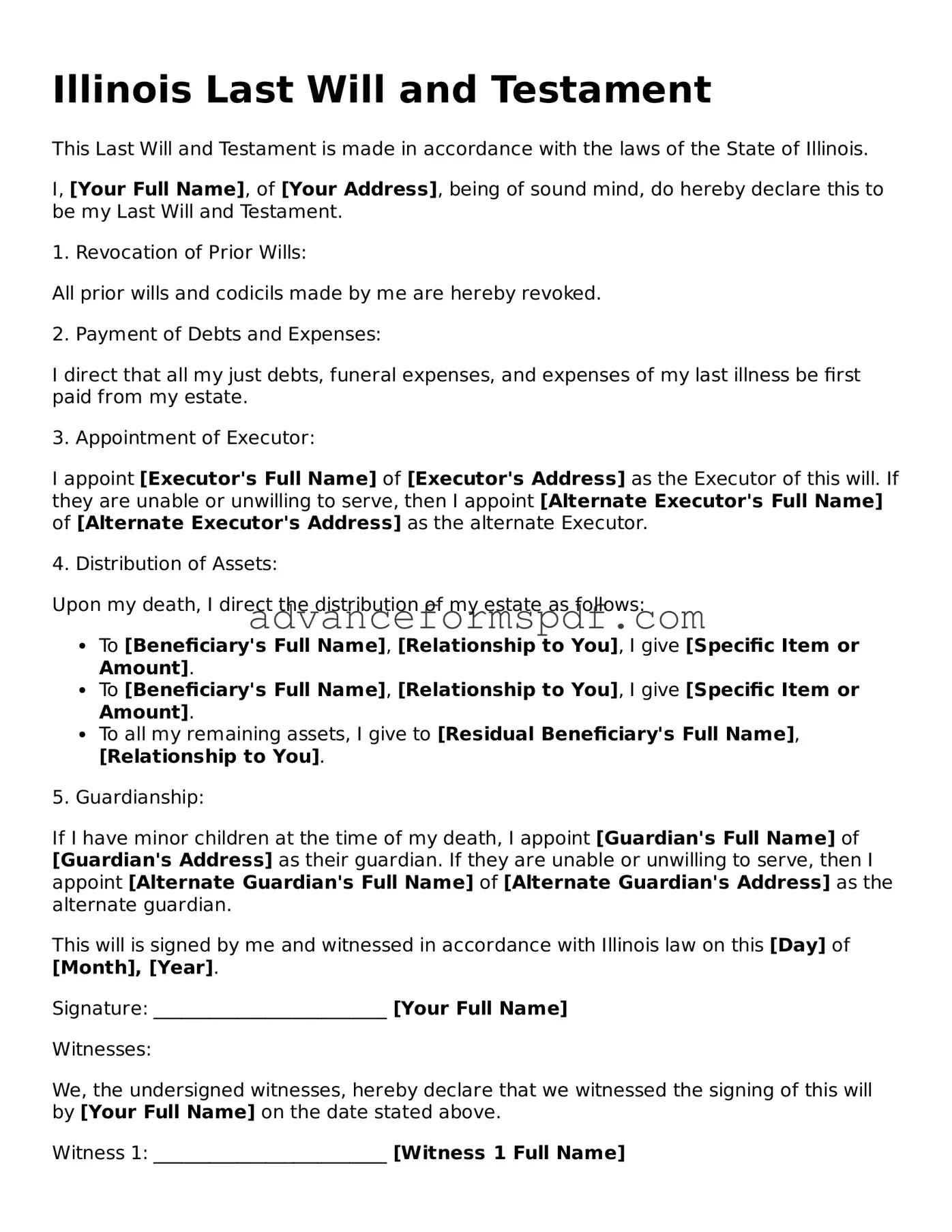 Valid Last Will and Testament Form for the State of Illinois