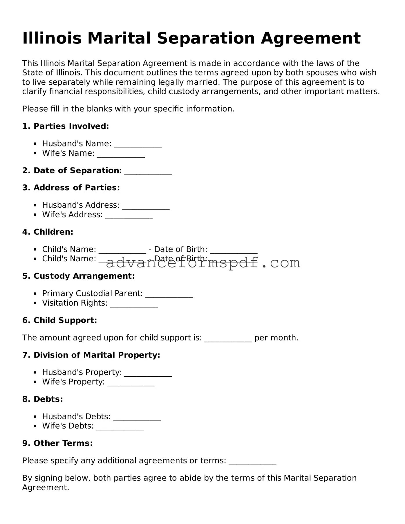 Valid Marital Separation Agreement Form for the State of Illinois