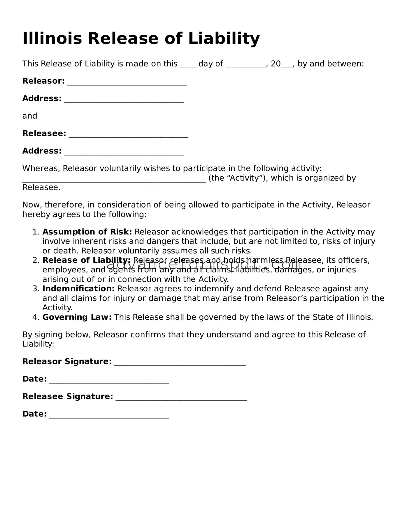 Valid Release of Liability Form for the State of Illinois