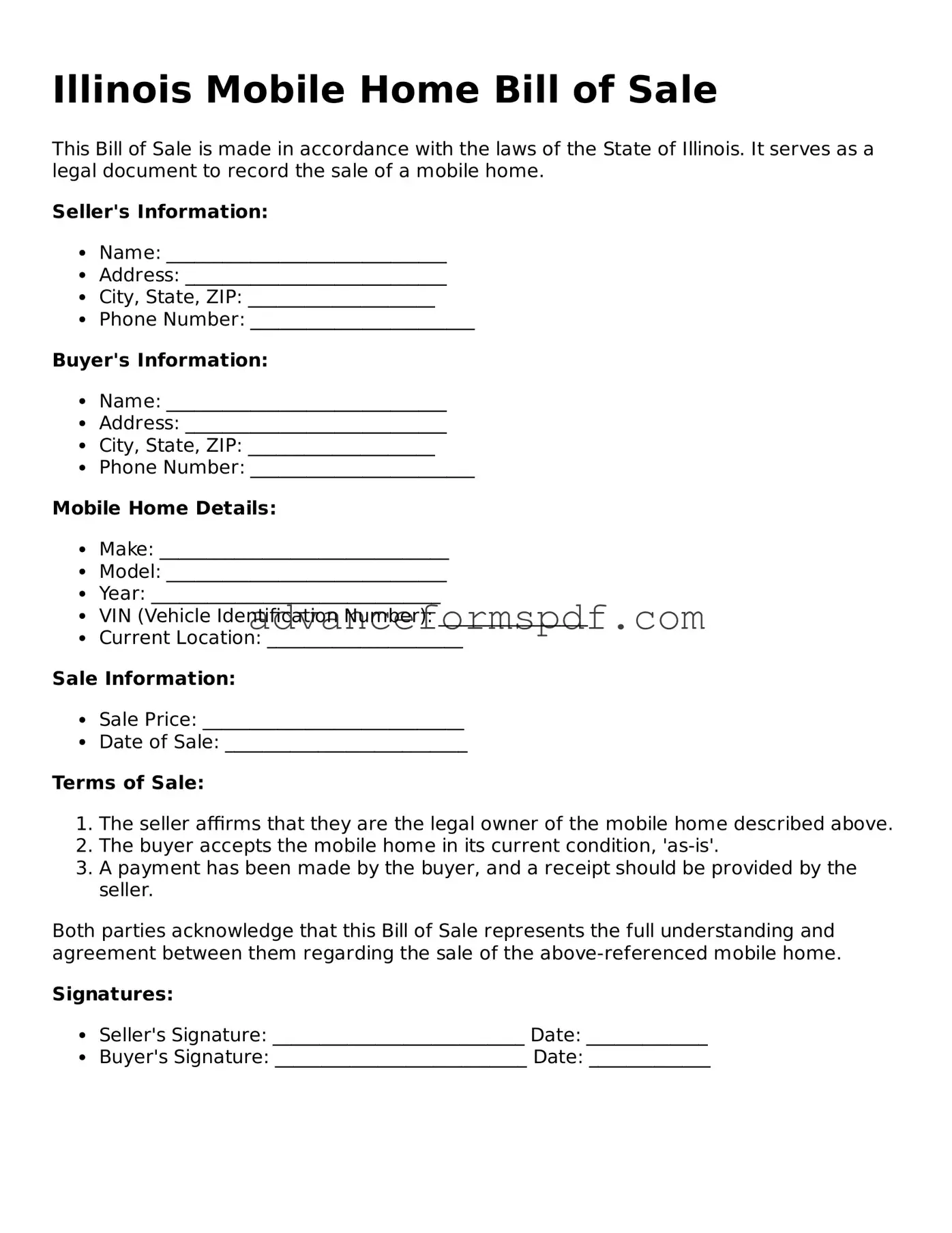 Valid Mobile Home Bill of Sale Form for the State of Illinois