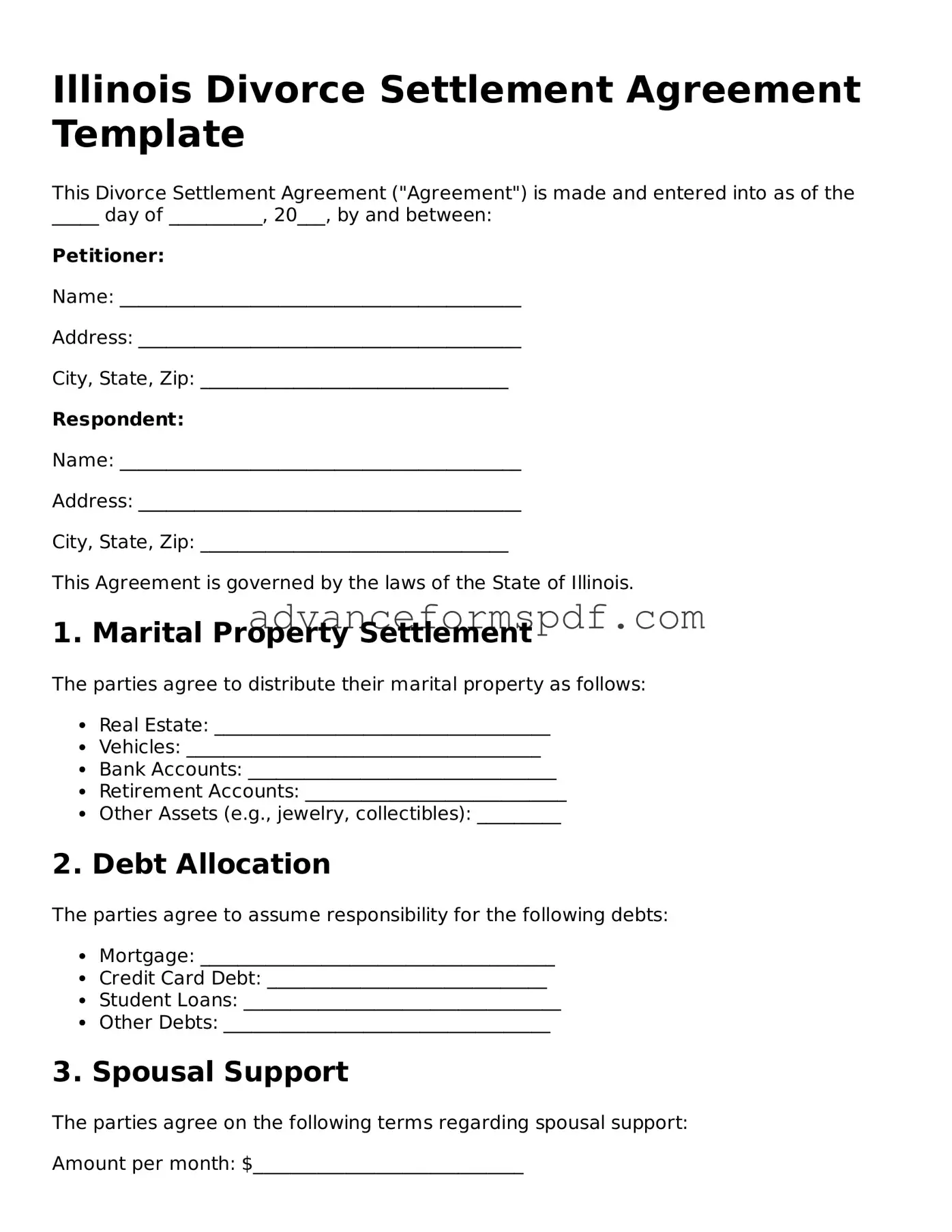 Valid Divorce Settlement Agreement Form for the State of Illinois