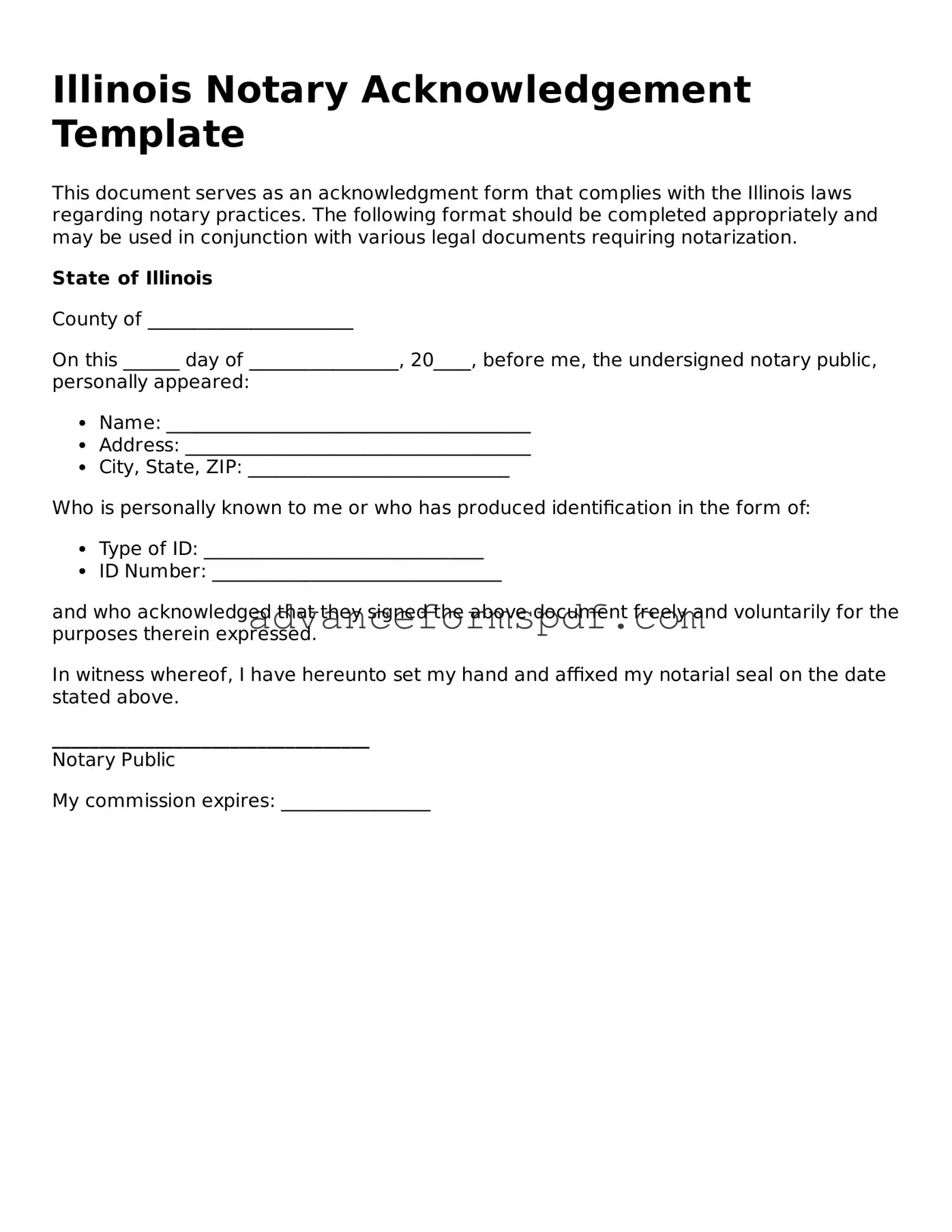 Valid Notary Acknowledgement Form for the State of Illinois