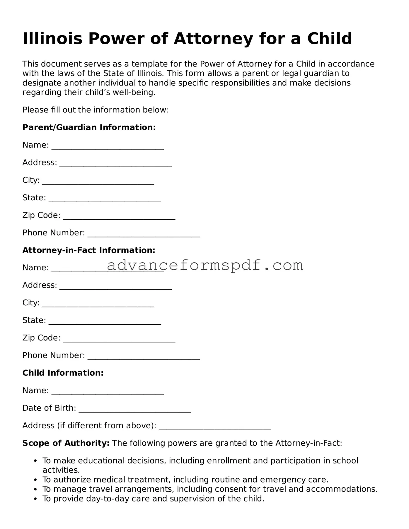 Valid Power of Attorney for a Child Form for the State of Illinois