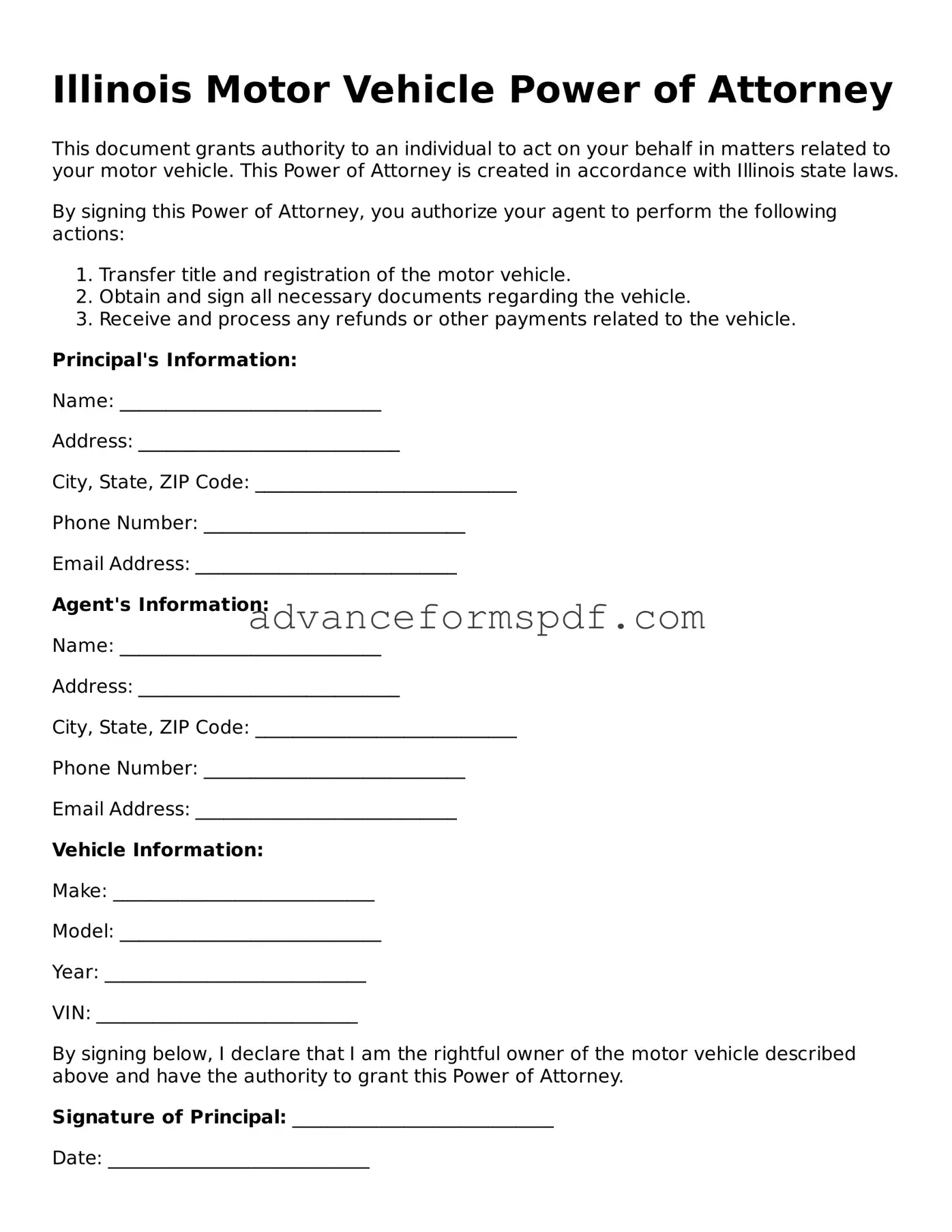 Valid Motor Vehicle Power of Attorney Form for the State of Illinois