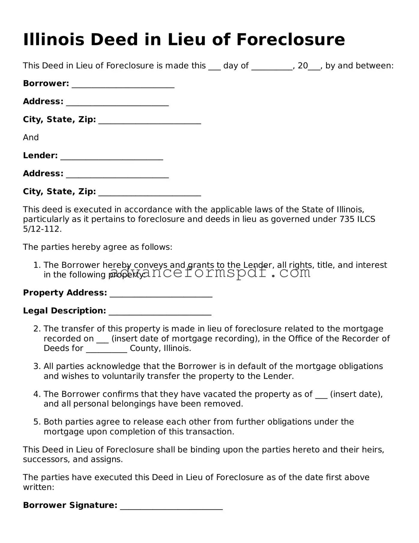 Valid Deed in Lieu of Foreclosure Form for the State of Illinois