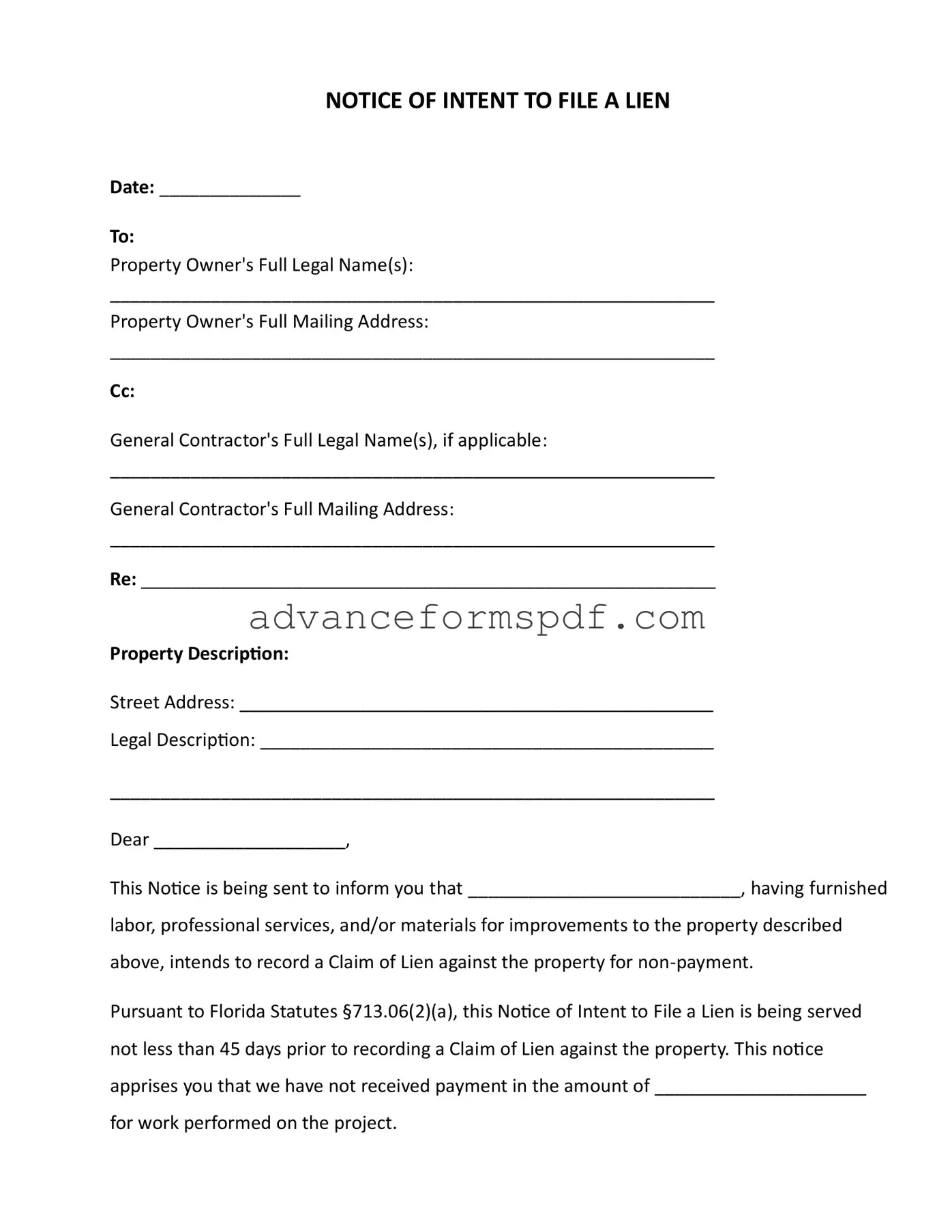 Download Intent To Lien Florida Form in PDF