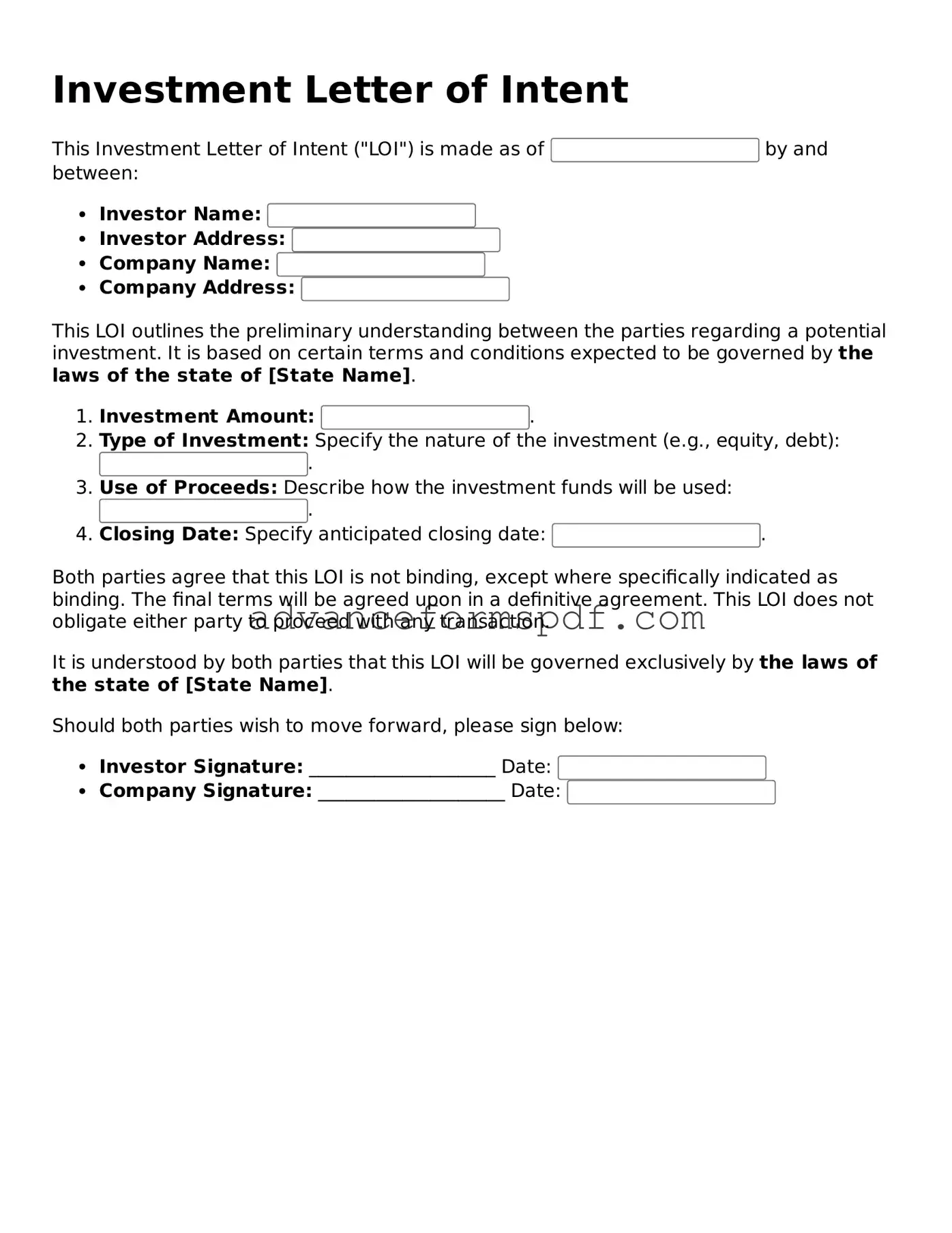 Free Investment Letter of Intent Document