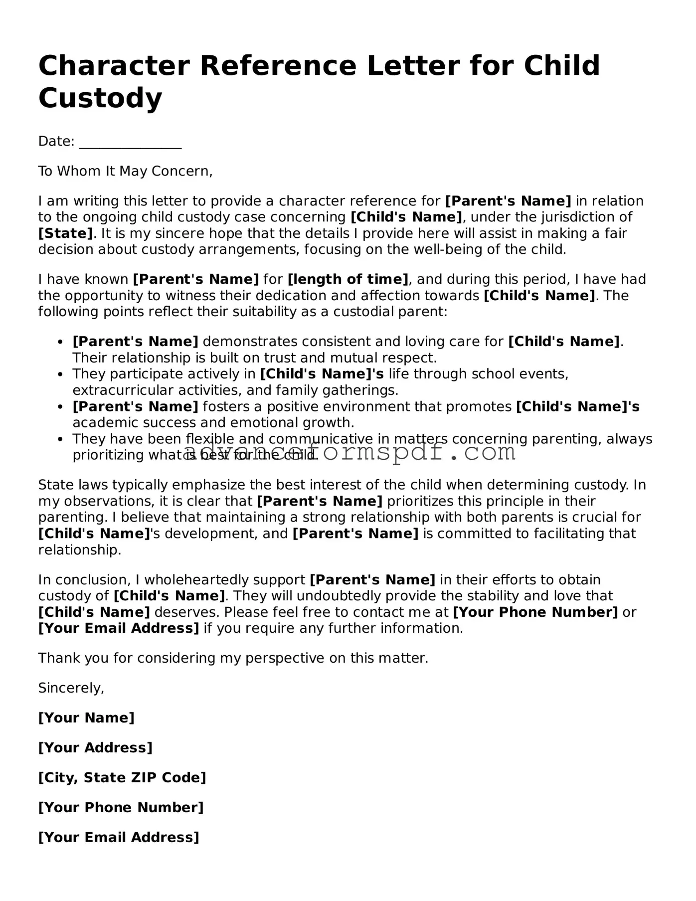 Free Character Reference Letter for Child Custody Document