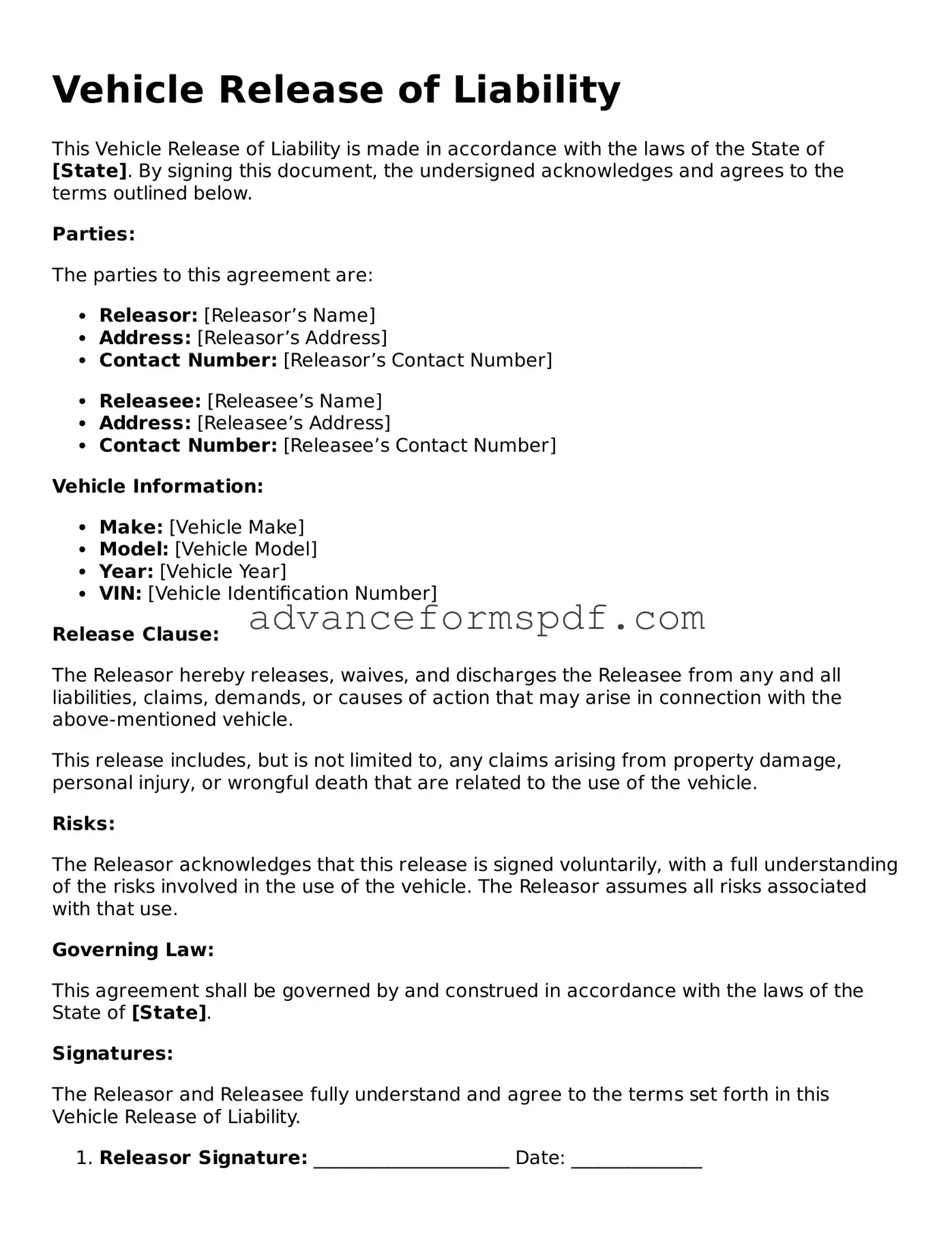 Free Vehicle Release of Liability Document