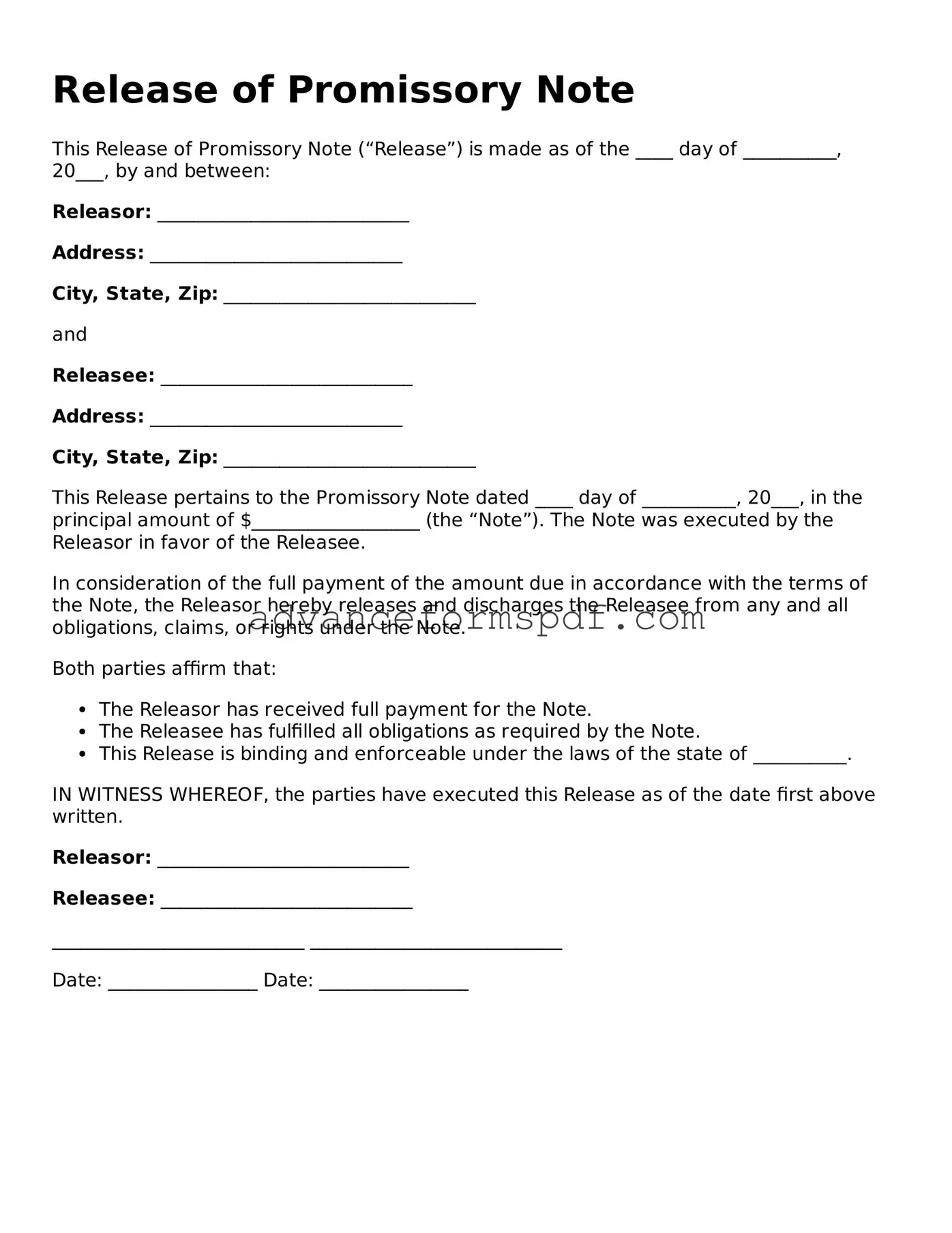 Free Release of Promissory Note Document