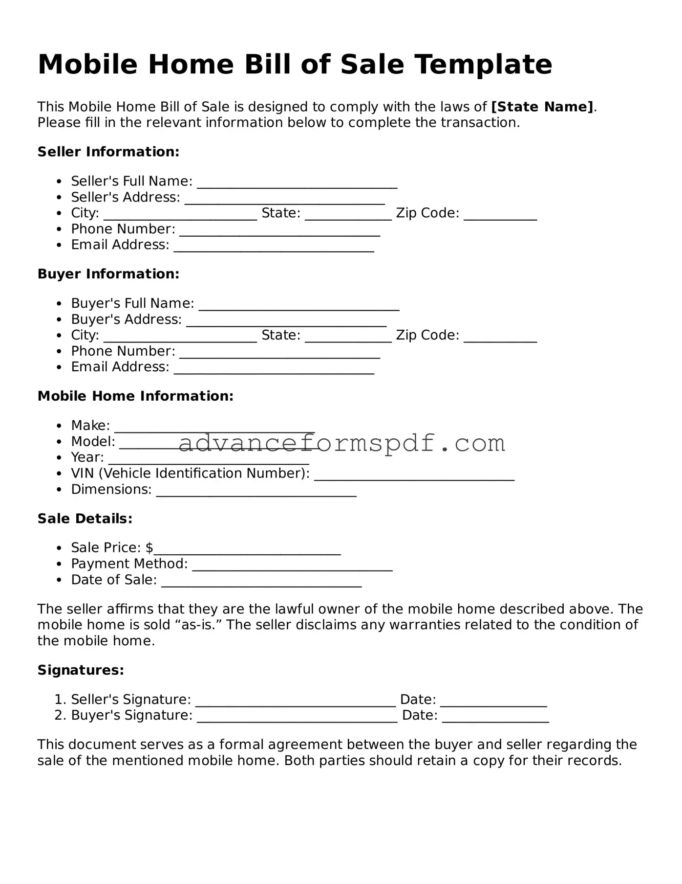 Free Mobile Home Bill of Sale Document