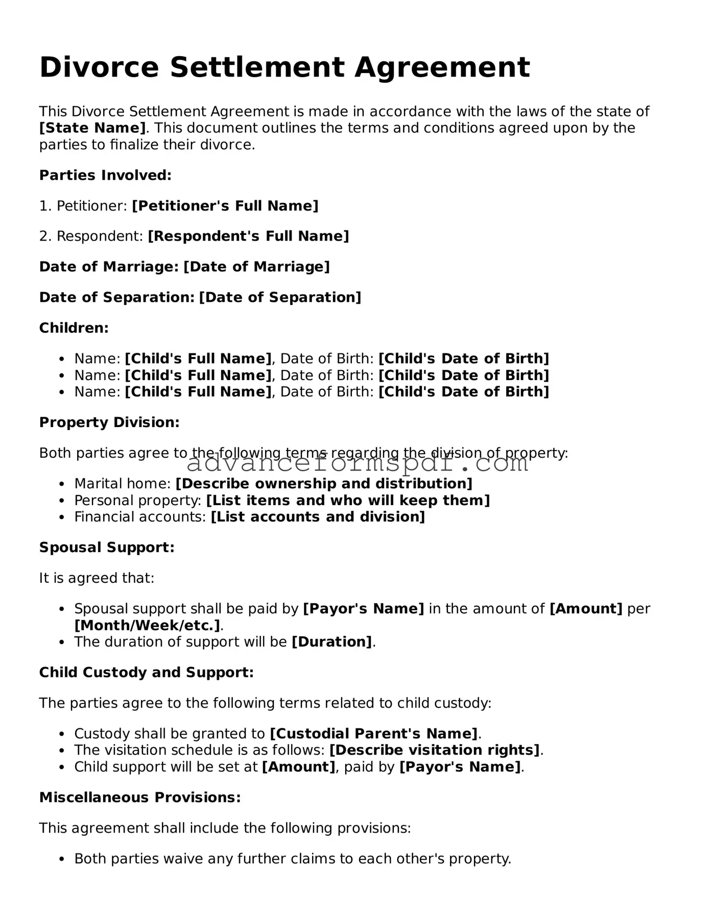 Free Divorce Settlement Agreement Document