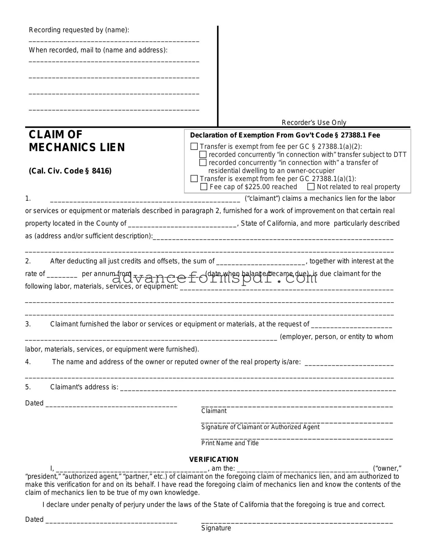 Download Mechanics Lien California Form in PDF