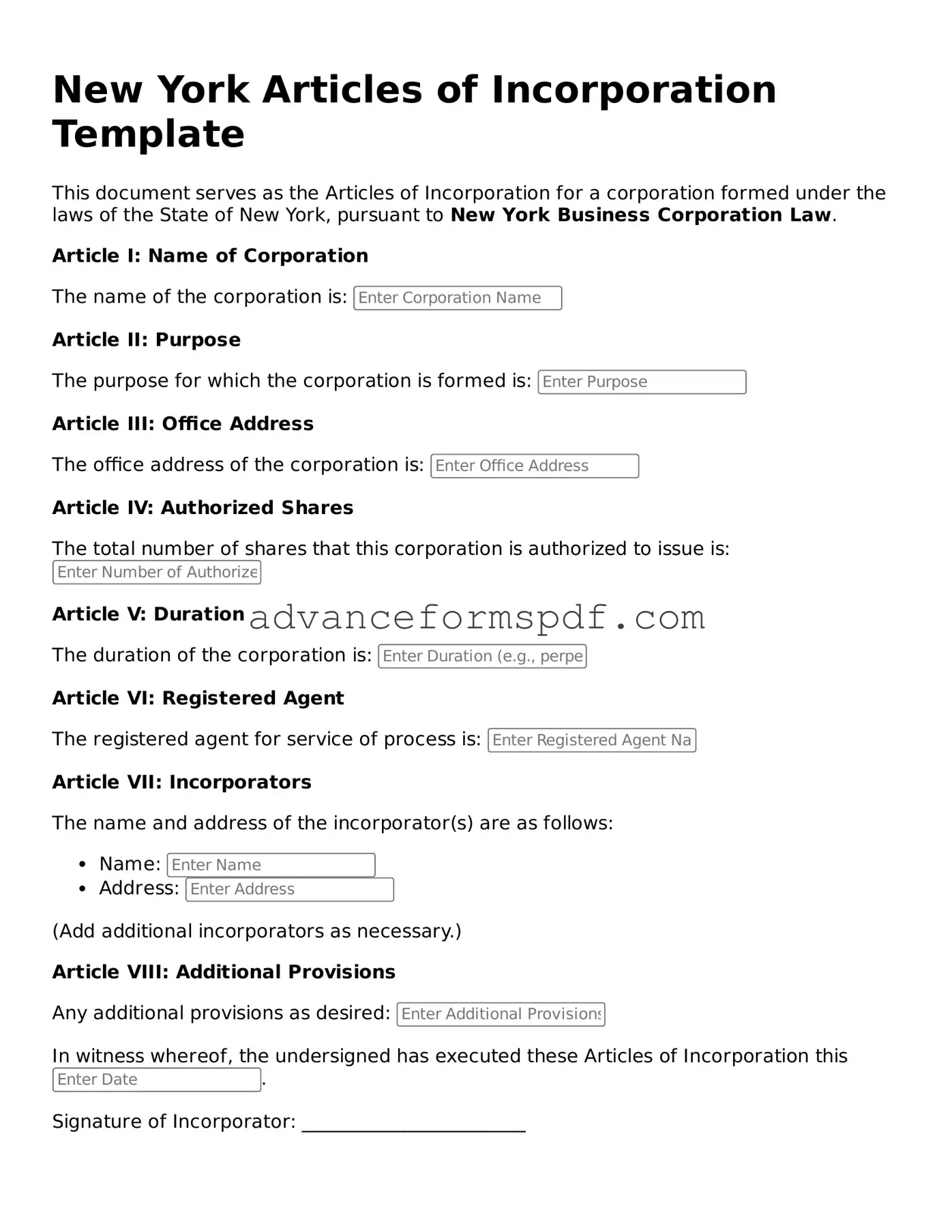 Valid Articles of Incorporation Form for the State of New York