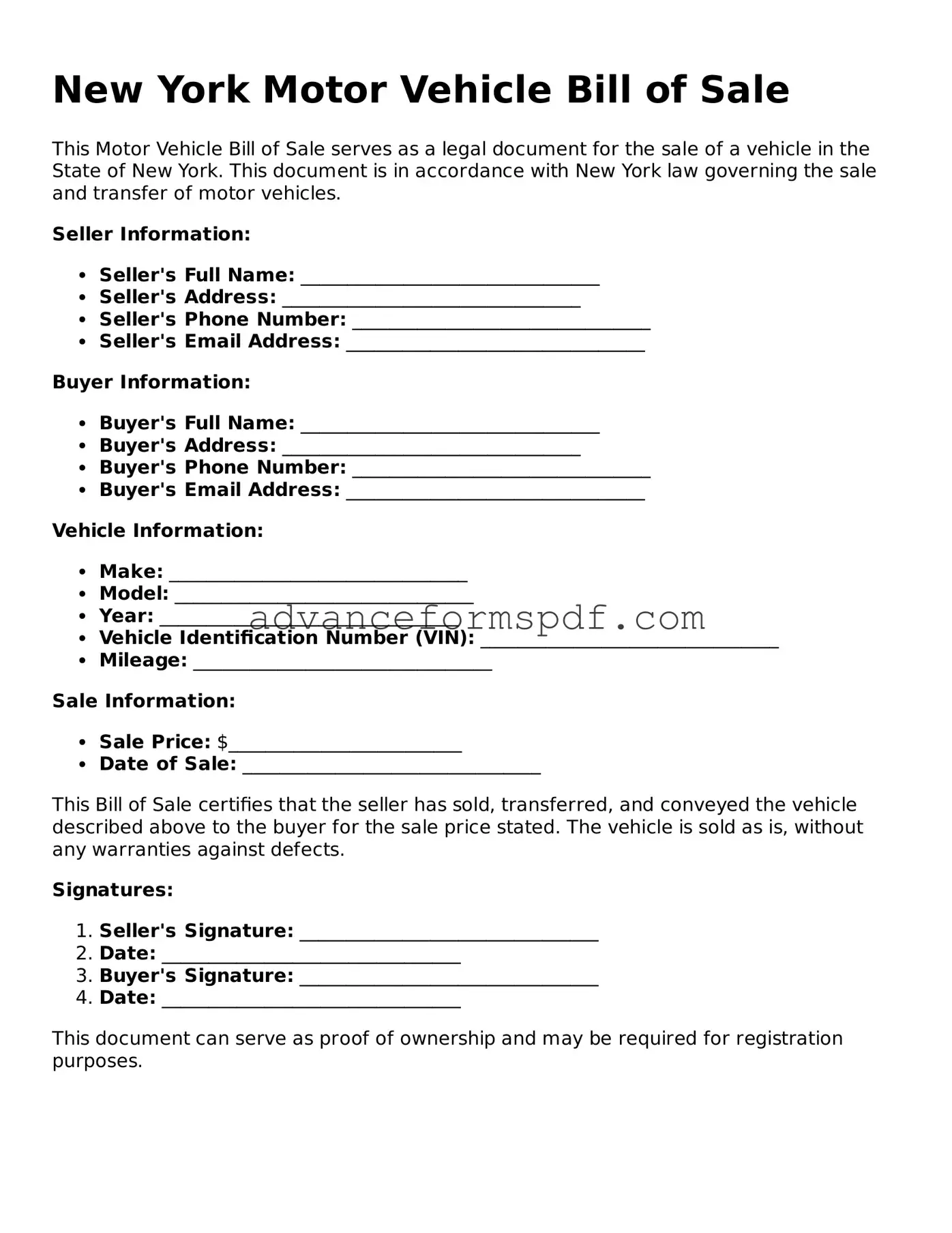 Valid Motor Vehicle Bill of Sale Form for the State of New York