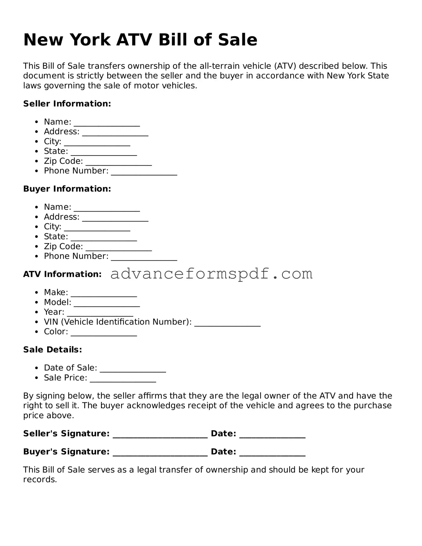 Valid ATV Bill of Sale Form for the State of New York