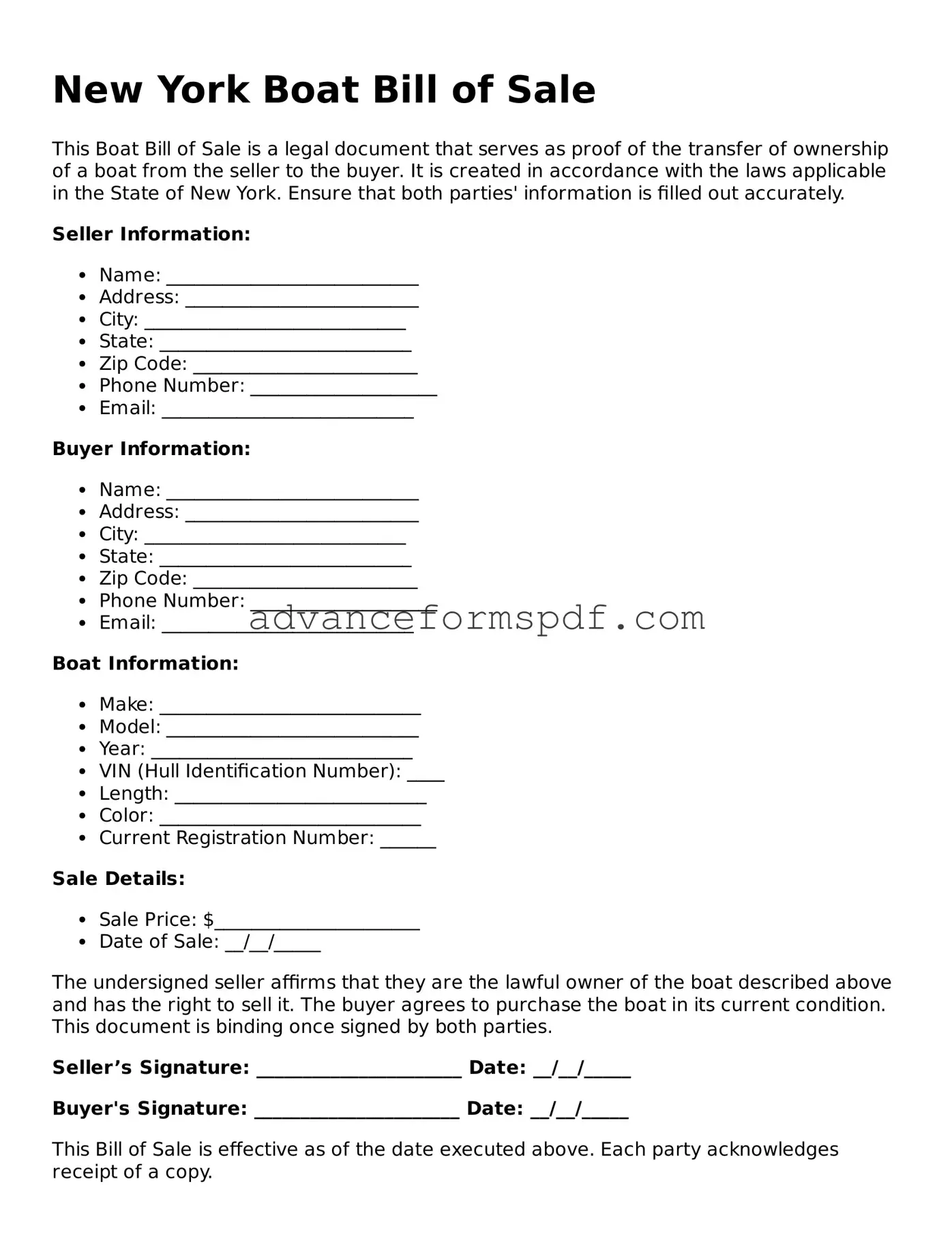 Valid Boat Bill of Sale Form for the State of New York