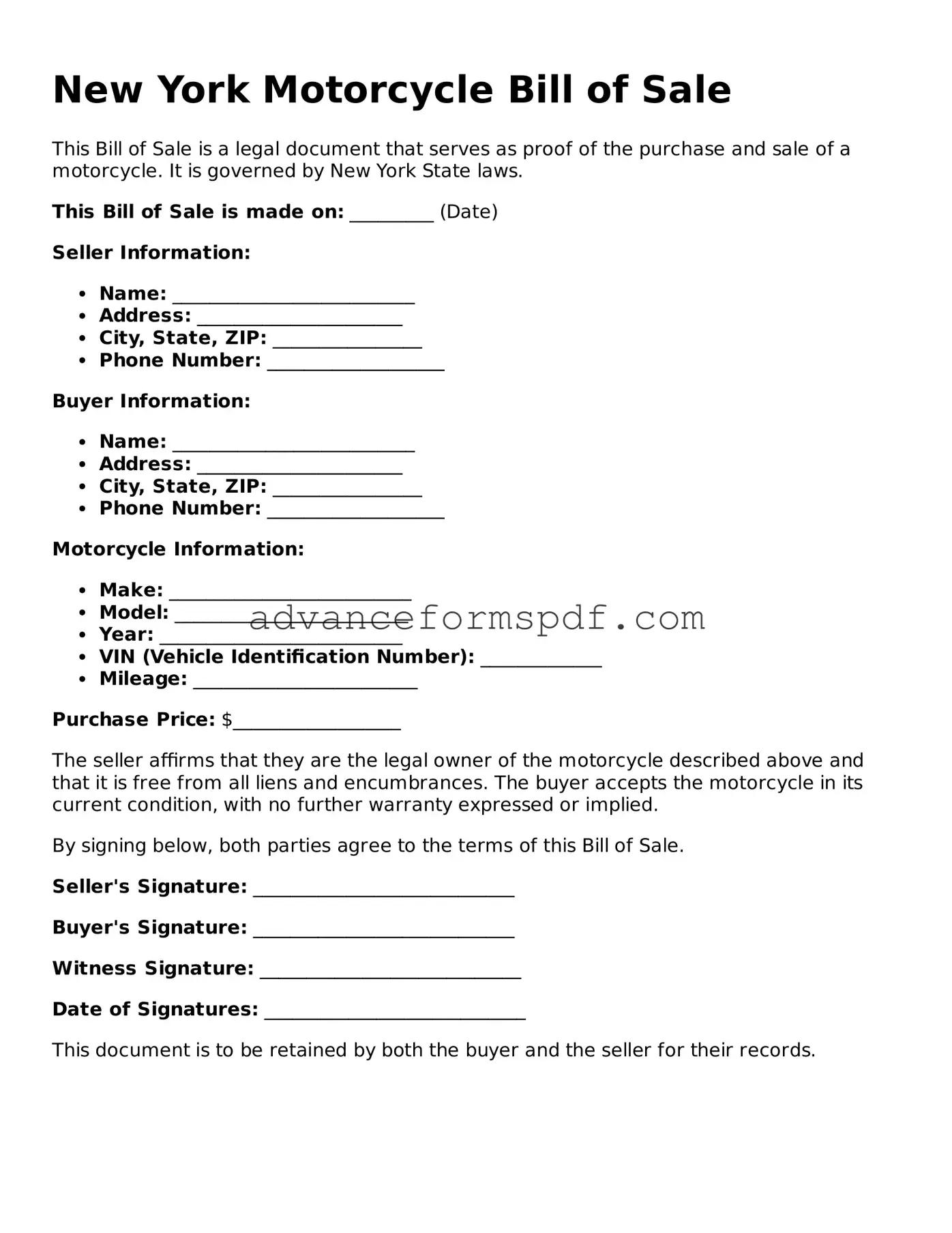 Valid Motorcycle Bill of Sale Form for the State of New York