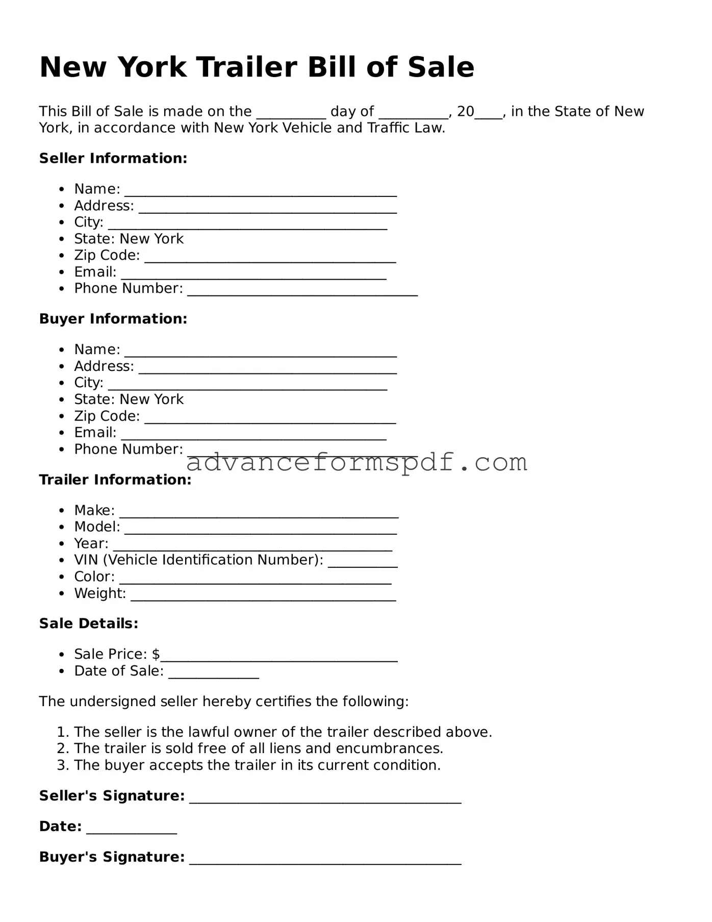 Valid Trailer Bill of Sale Form for the State of New York