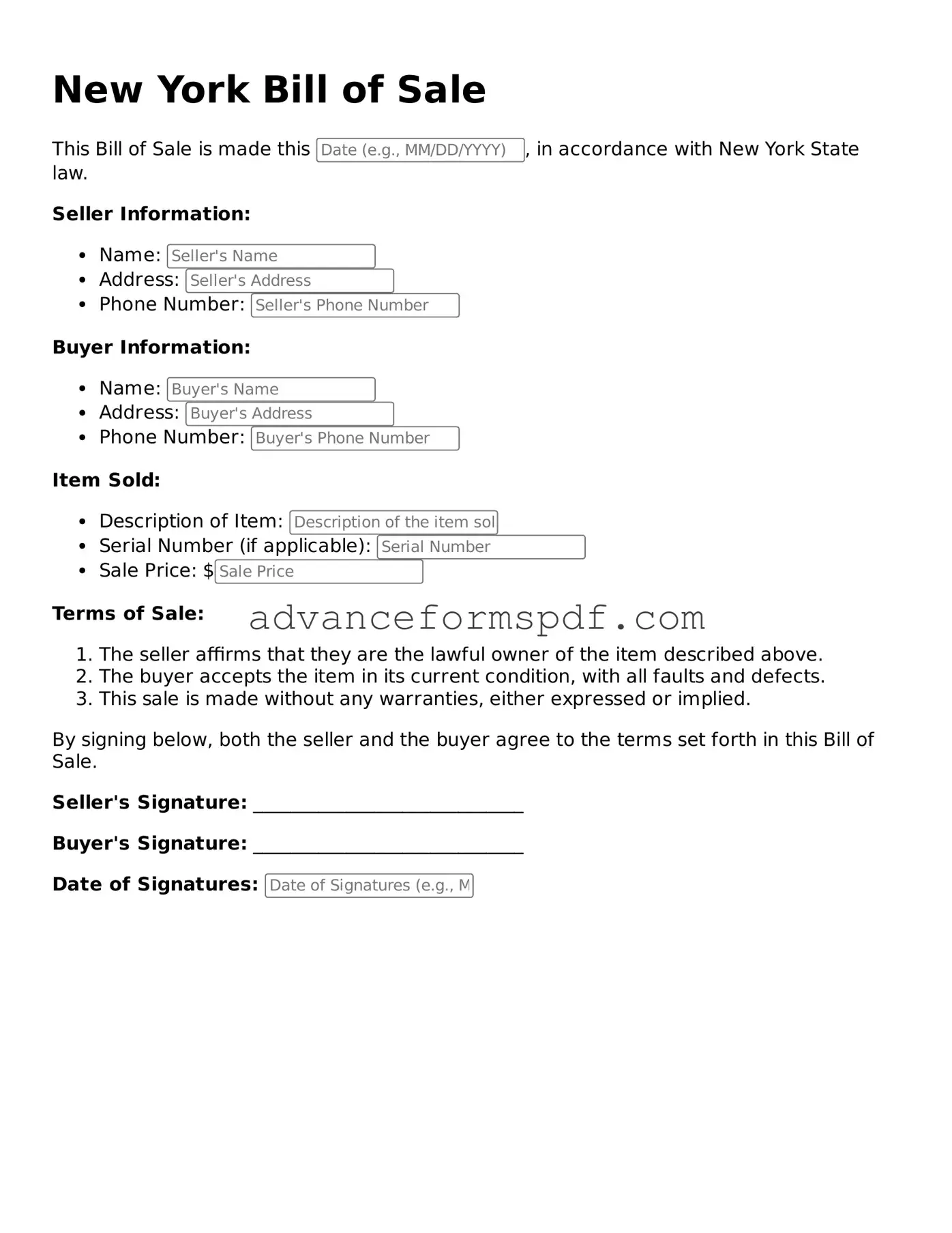 Valid Bill of Sale Form for the State of New York