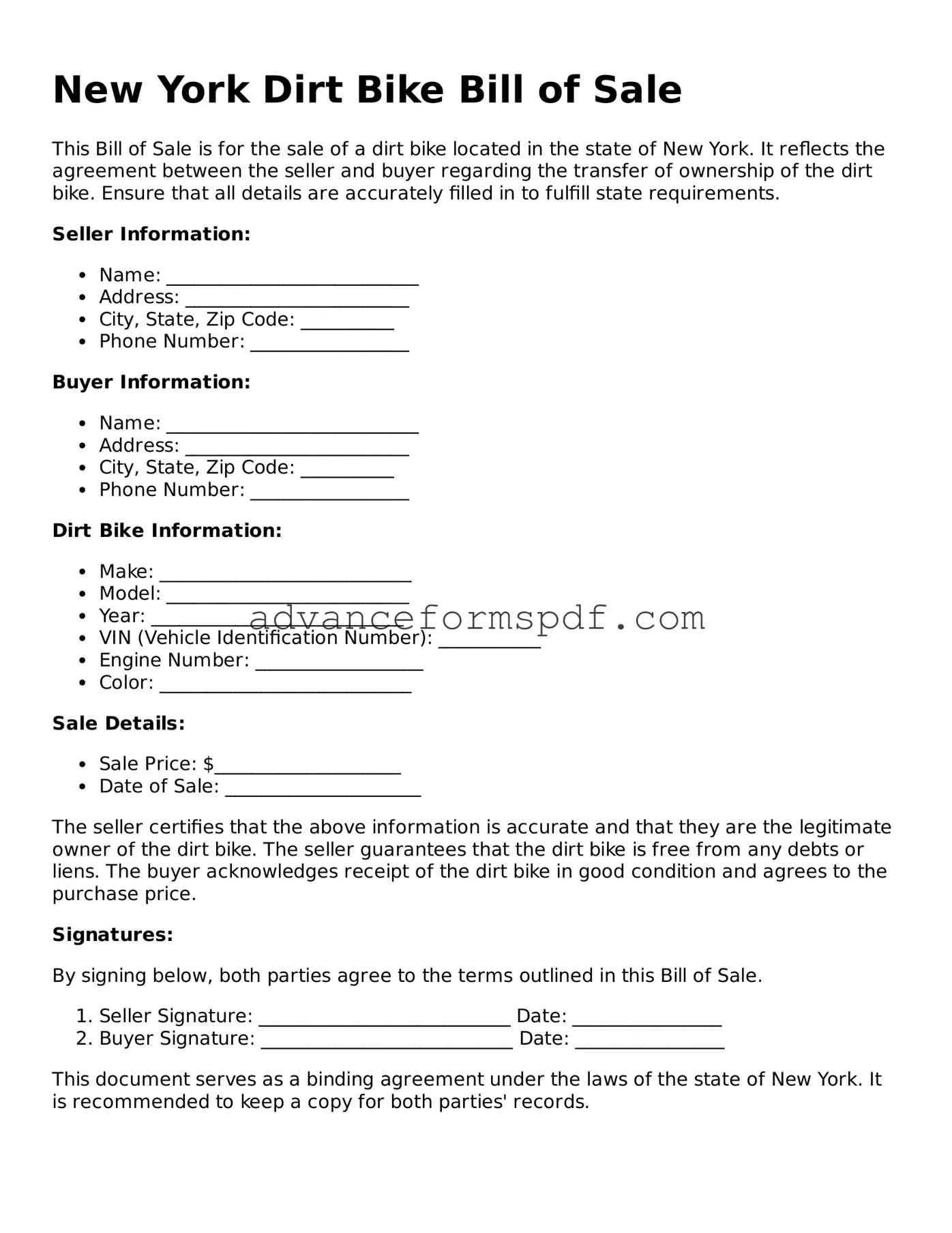 Valid Dirt Bike Bill of Sale Form for the State of New York